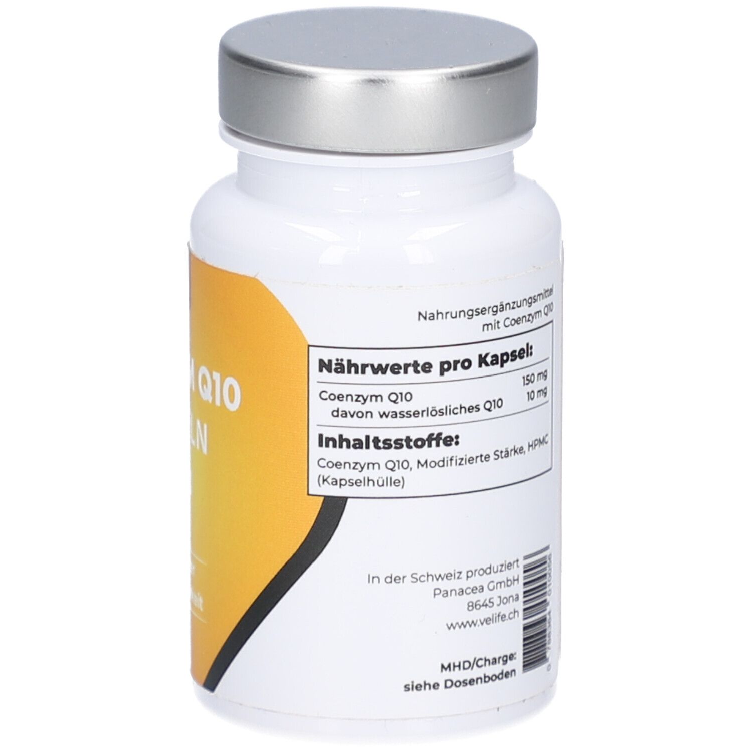 Flacon blanc avec bouchon argenté. Étiquette jaune avec texte. Informations nutritionnelles et ingrédients. Marque VeLife.