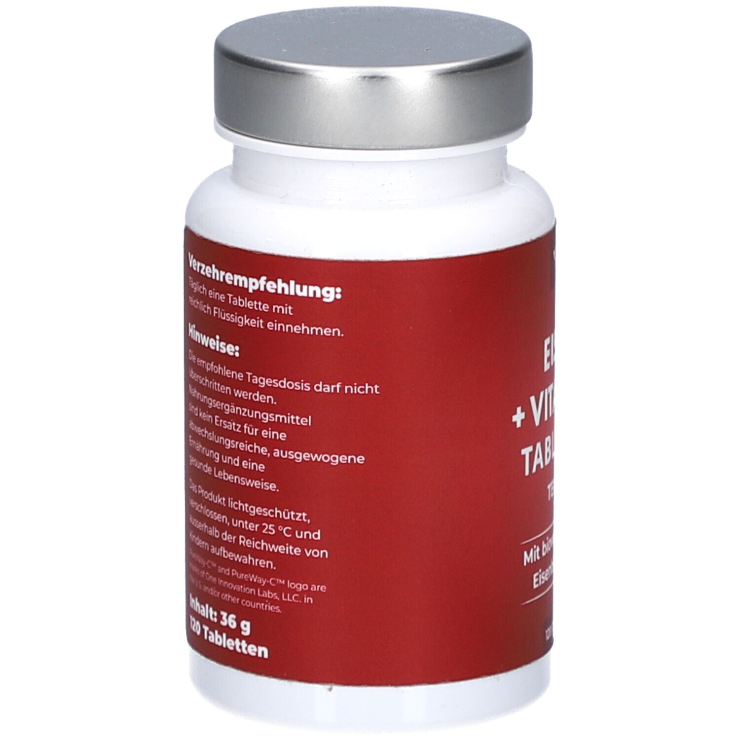 Rückseite der weißen Flasche mit silbernem Deckel. Rotes Etikett mit Text und Informationen. 120 Tabletten, 36 g.