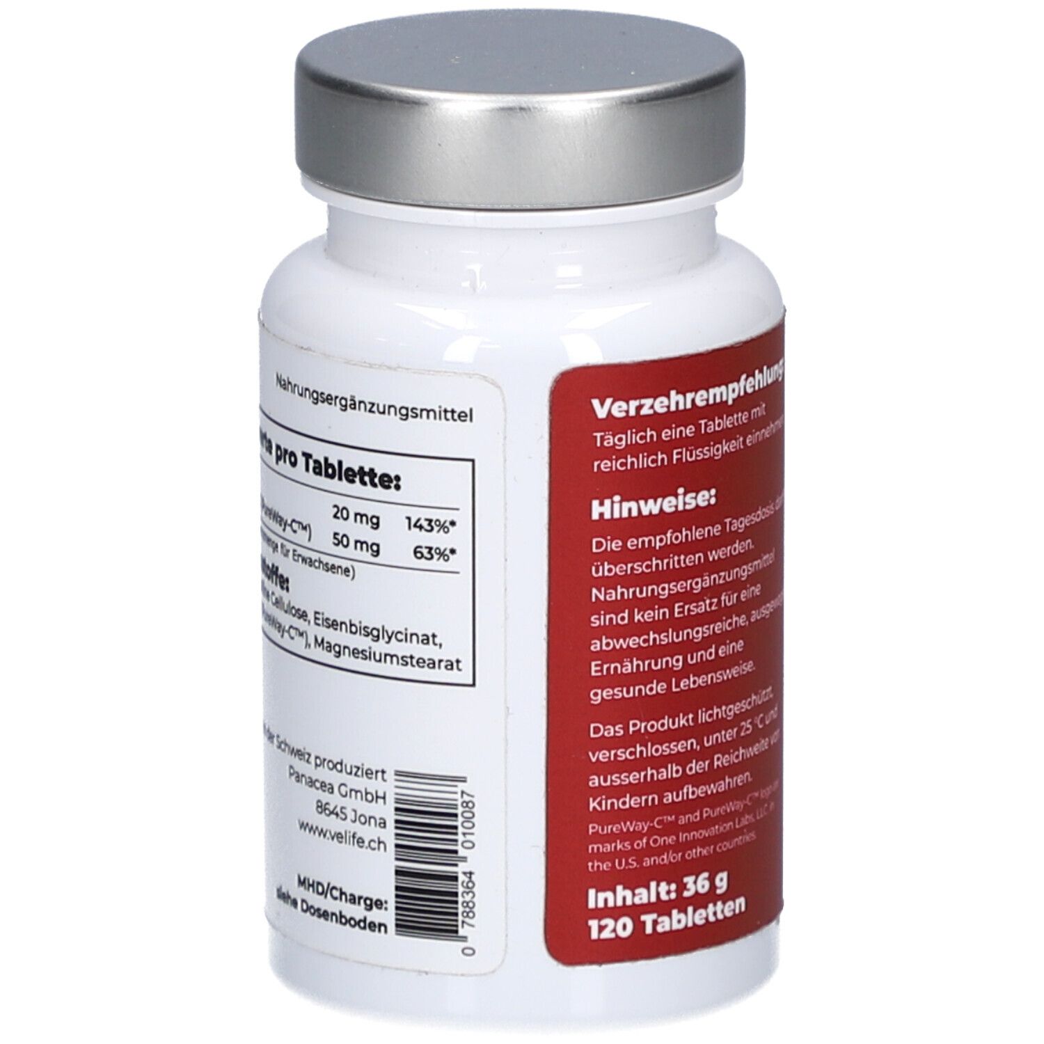 Rückseite der weißen Flasche mit silbernem Deckel. Rotes Etikett mit Nährwertangaben und Inhaltsstoffen. 120 Tabletten.