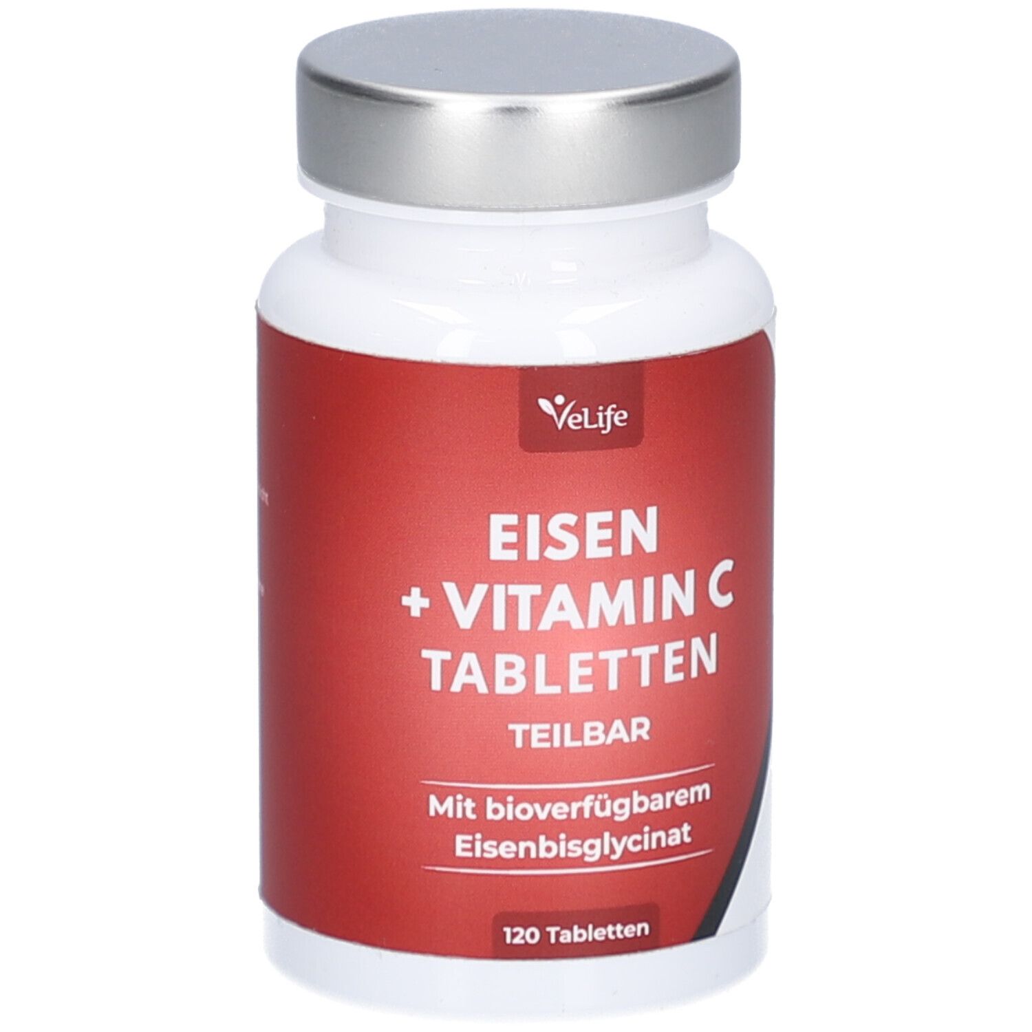 Weiße Flasche mit silbernem Deckel. Rotes Etikett mit Text: Eisen + Vitamin C Tabletten, teilbar. 120 Tabletten.