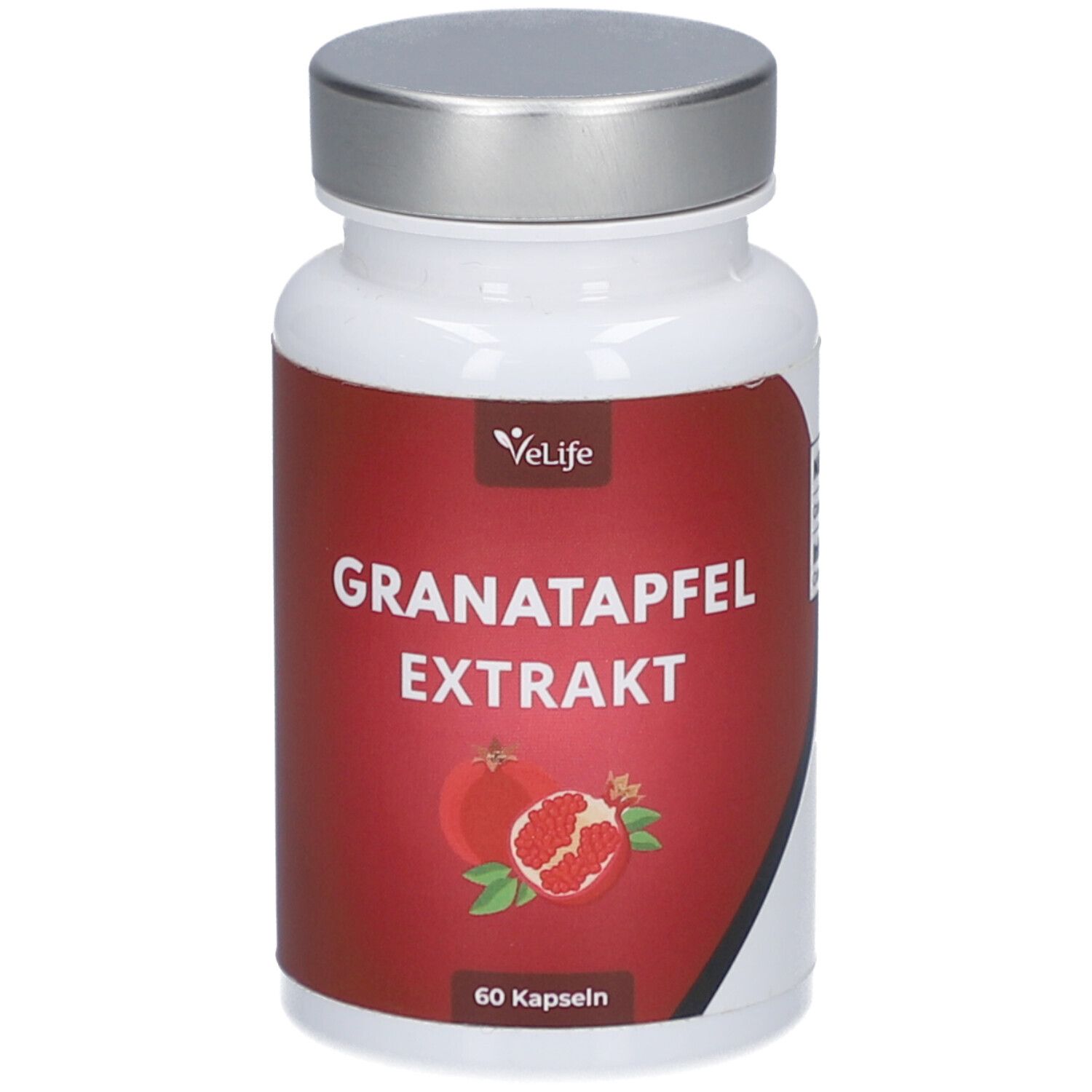 Weiße Flasche mit silbernem Deckel. Rotes Etikett mit Text: Granatapfel Extrakt, 60 Kapseln. Abbildung von Granatäpfeln.