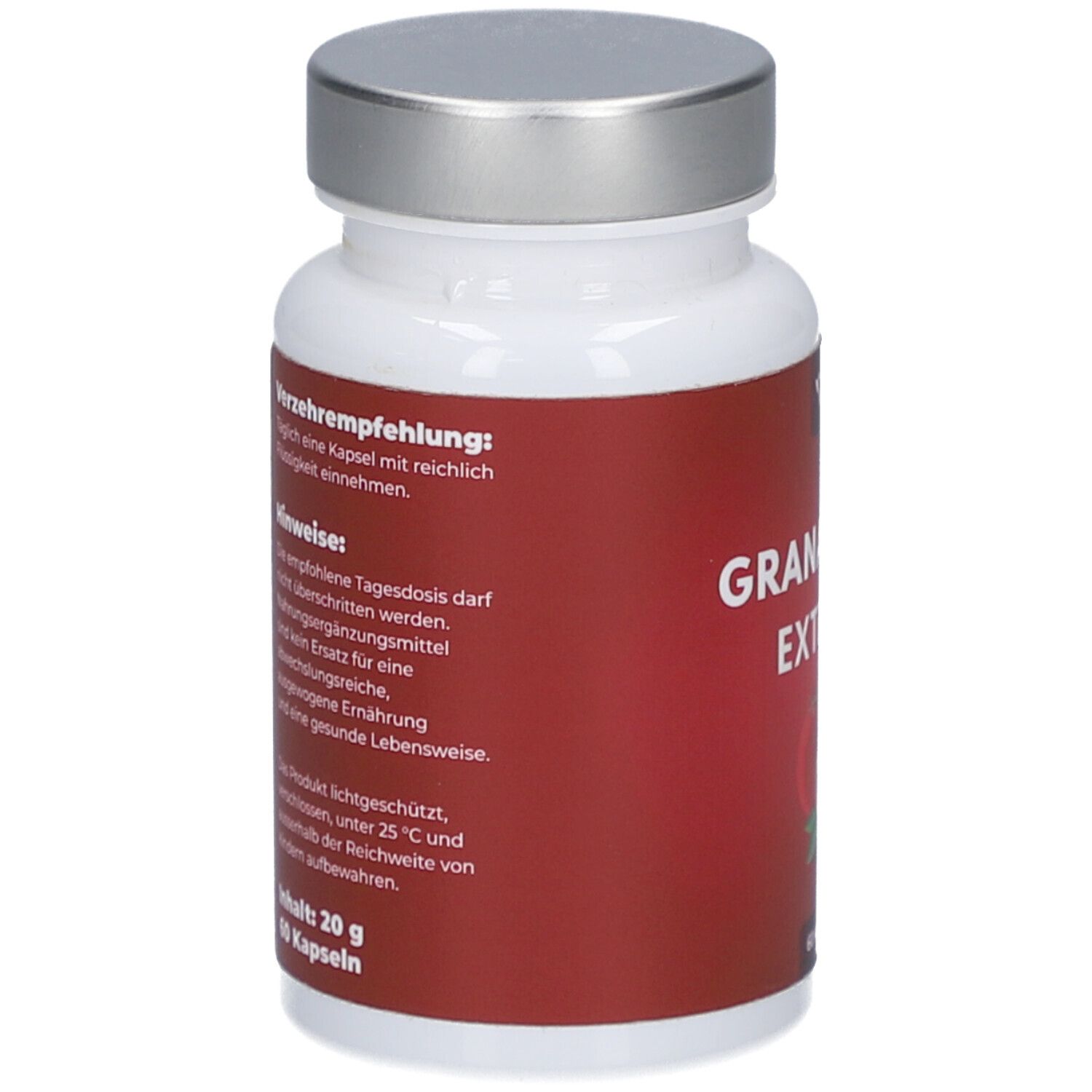 Weiße Flasche mit silbernem Deckel. Rotes Etikett mit Text. Enthält Informationen zur Einnahme und Hinweise. 60 Kapseln, 20 g.