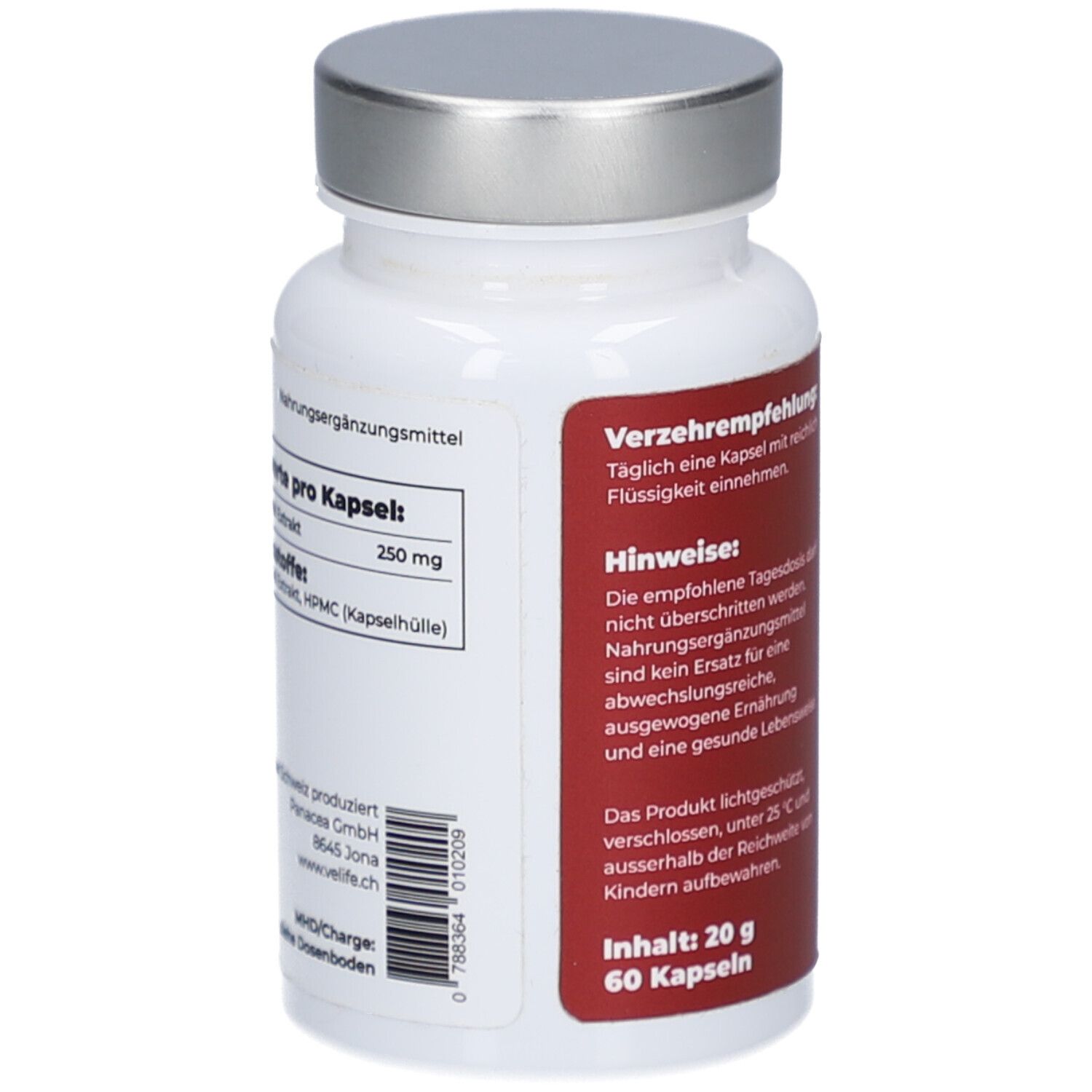 Weiße Flasche mit silbernem Deckel. Rotes Etikett mit Text. Enthält Informationen zur Einnahme und Hinweise. 60 Kapseln, 20 g.