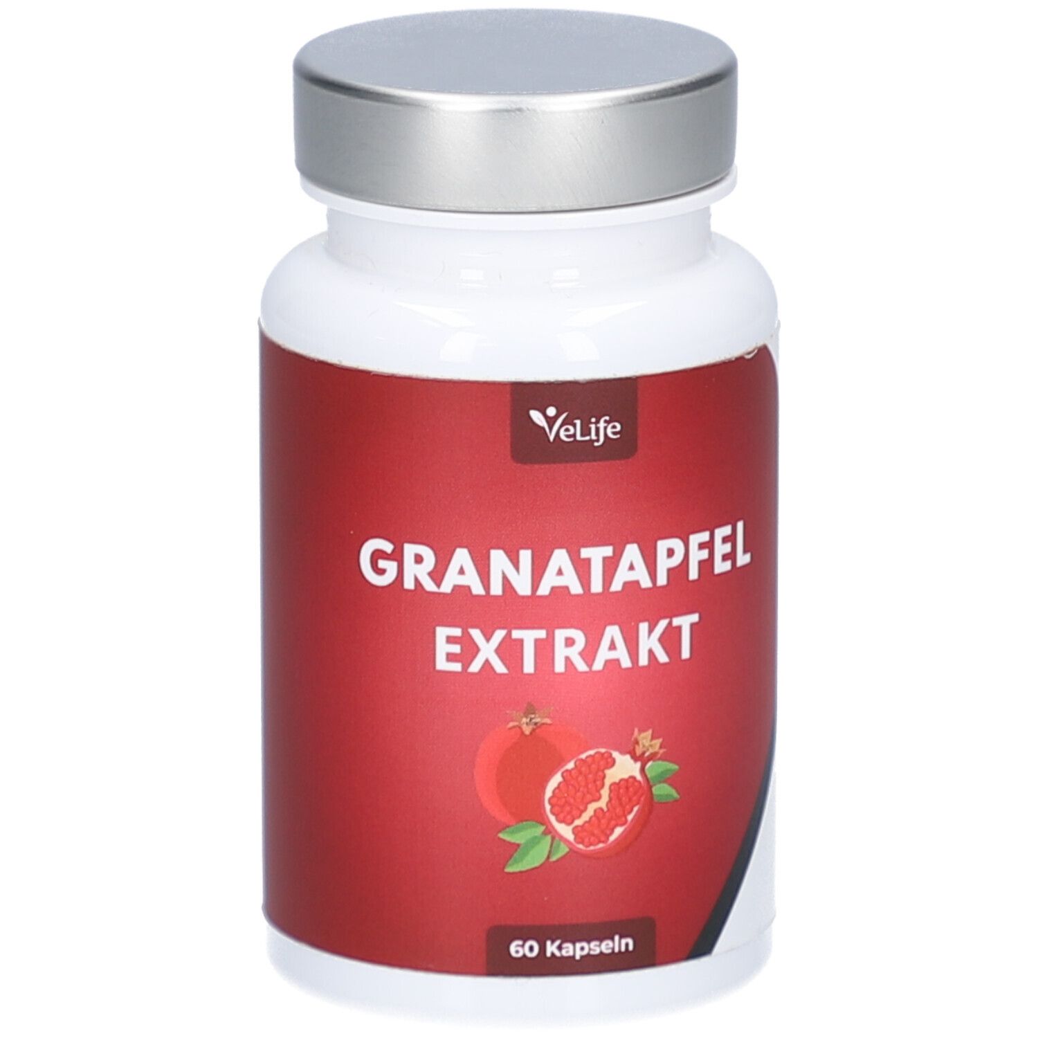 Weiße Flasche mit silbernem Deckel. Rotes Etikett mit Text: Granatapfel Extrakt, 60 Kapseln. Abbildung von Granatäpfeln.