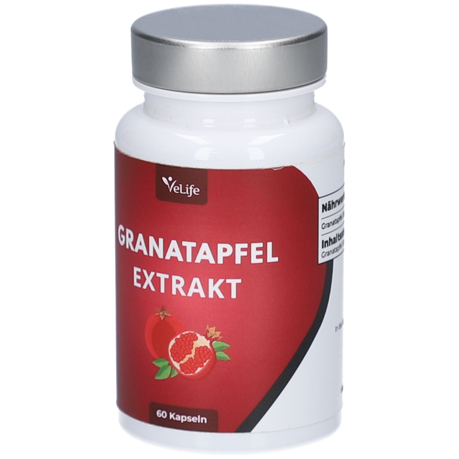 Weiße Flasche mit silbernem Deckel. Rotes Etikett mit Text: Granatapfel Extrakt, 60 Kapseln. Abbildung von Granatäpfeln.