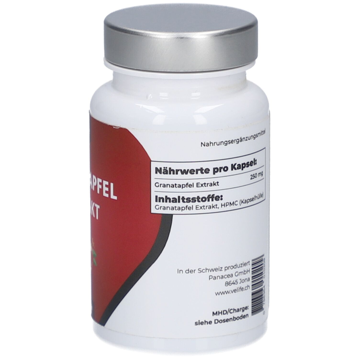 Weiße Flasche mit silbernem Deckel. Rotes Etikett mit Text. Nährwertangaben pro Kapsel. Inhaltsstoffe: Granatapfelextrakt, HPMC (Kapselhülle).