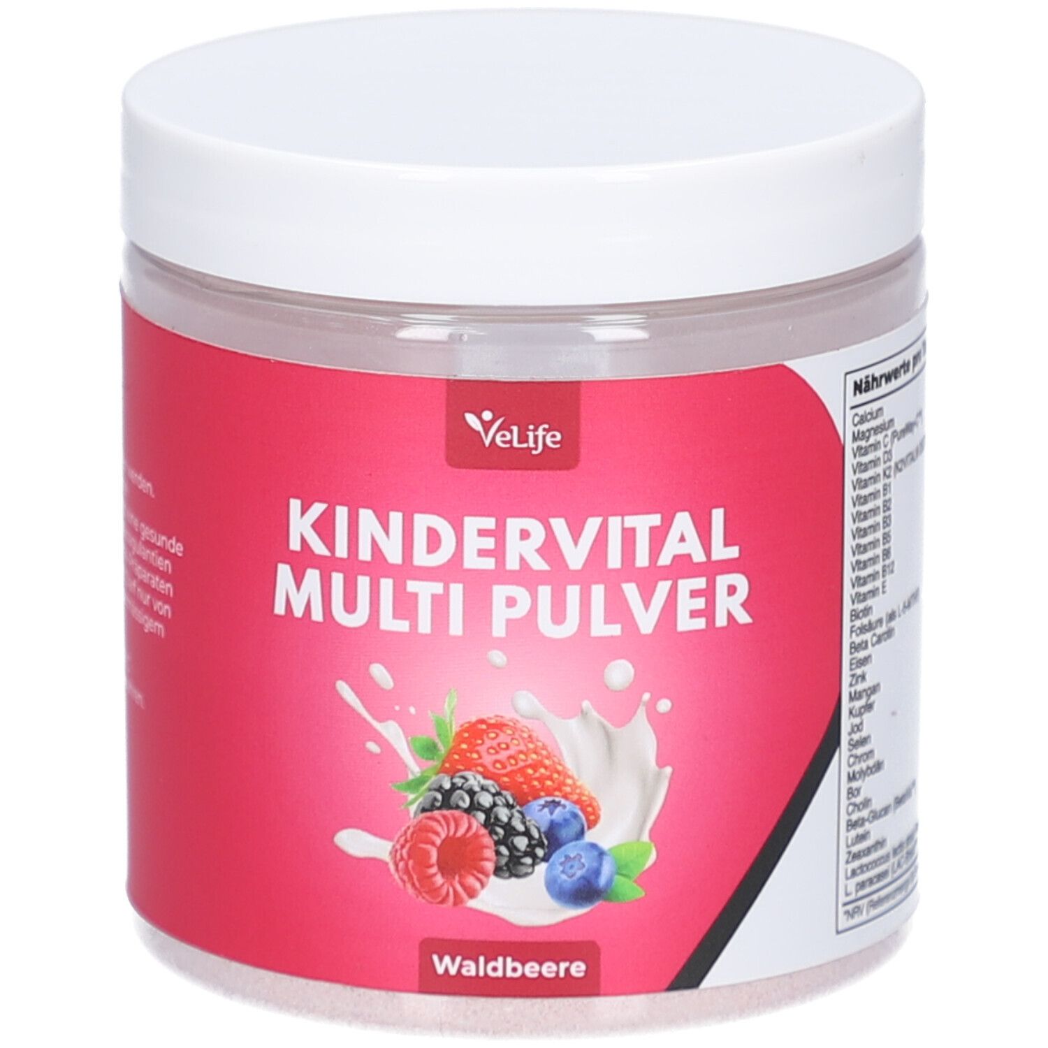 Runde Dose mit weißem Deckel. Auf rotem Etikett: VeLife, Kindervital Multi Pulver, Waldbeere. Abbildung von Beeren und Milch.