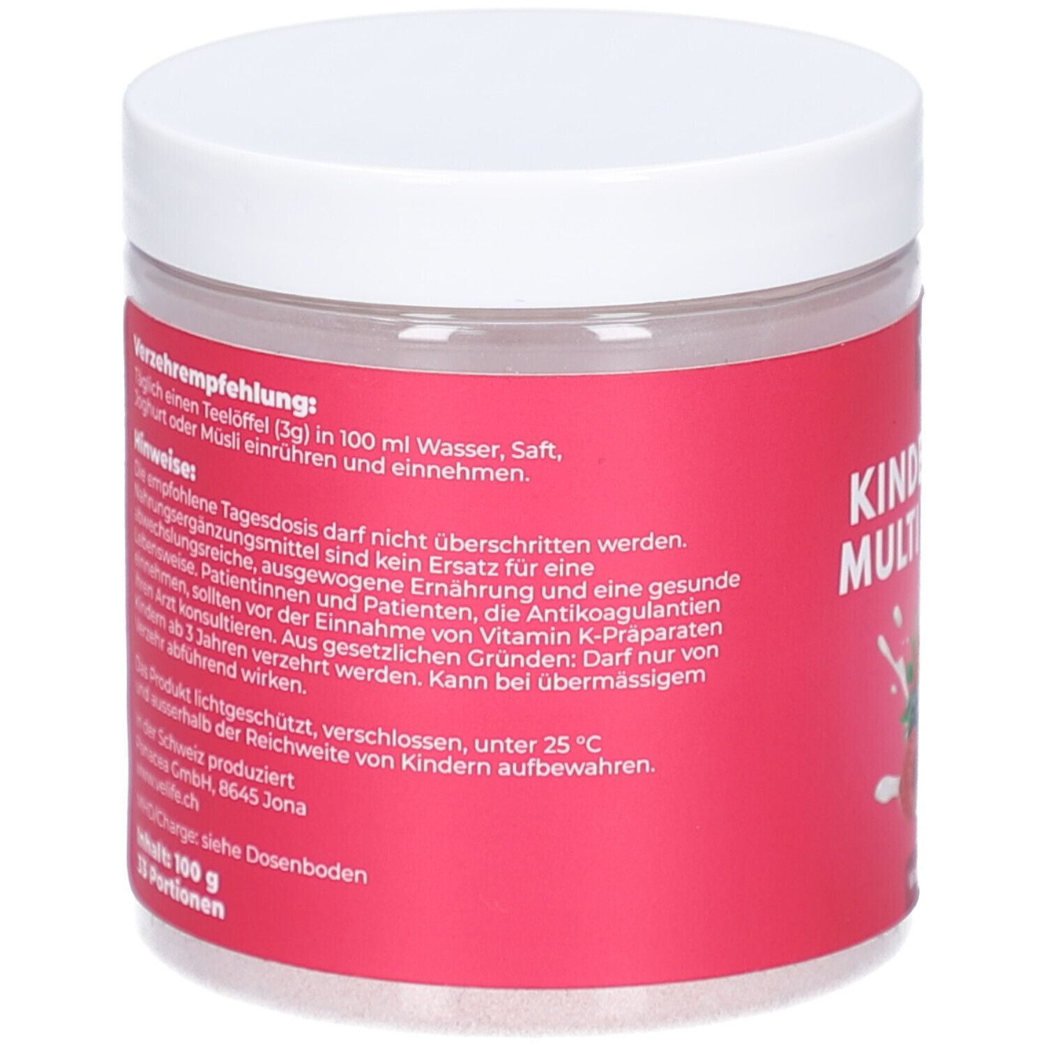 Rückseite der Dose. Rotes Etikett mit Text. Enthält Verzehrempfehlung und Hinweise. Weißer Deckel. Inhalt: 100 g, 33 Portionen.