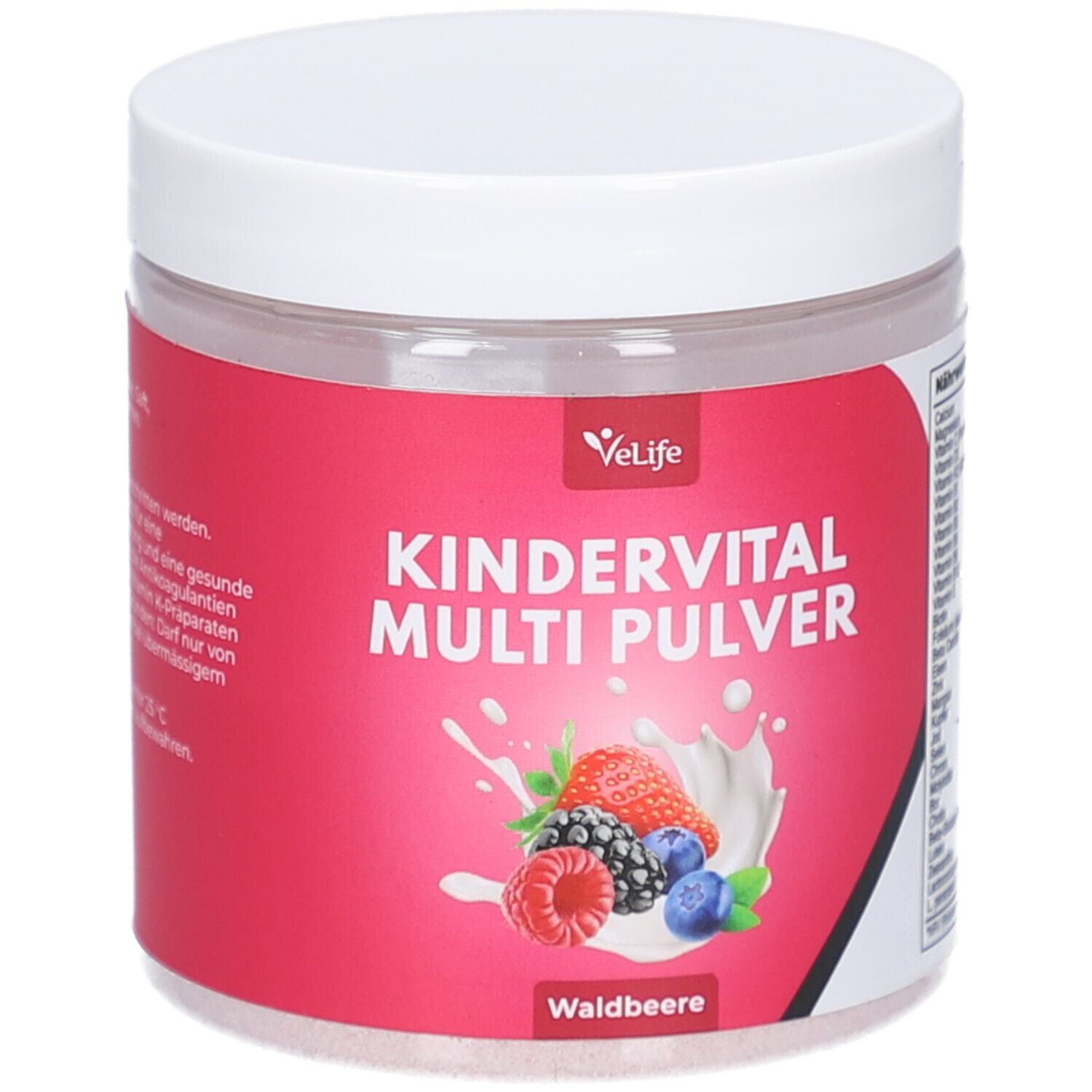 Runde Dose mit weißem Deckel. Rotes Etikett: VeLife, Kindervital Multi Pulver, Waldbeere. Abbildung von Beeren und Milch.