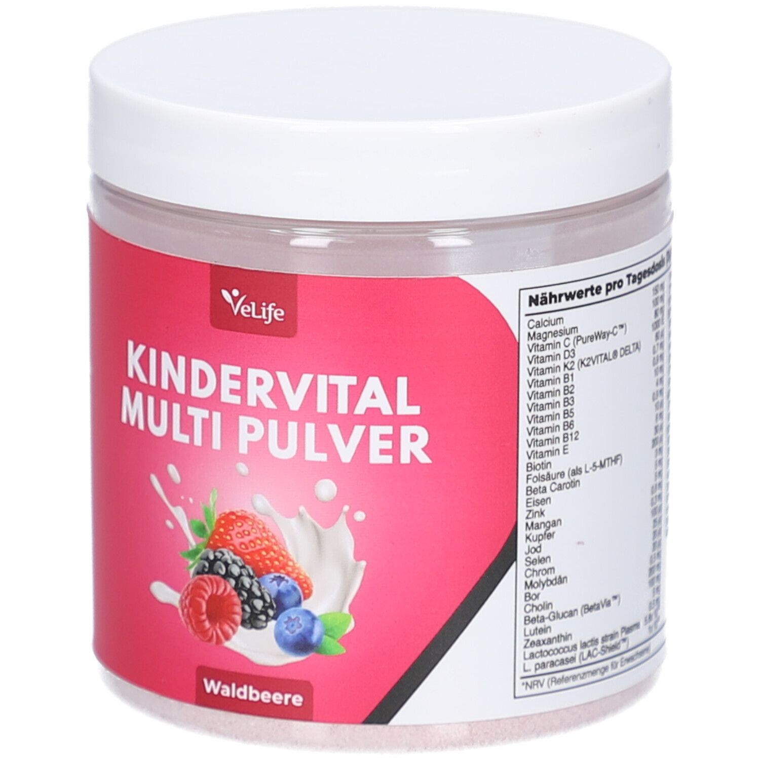 Runde Dose mit weißem Deckel. Rotes Etikett: VeLife, Kindervital Multi Pulver, Waldbeere. Nährwertangaben. Abbildung von Beeren und Milch.