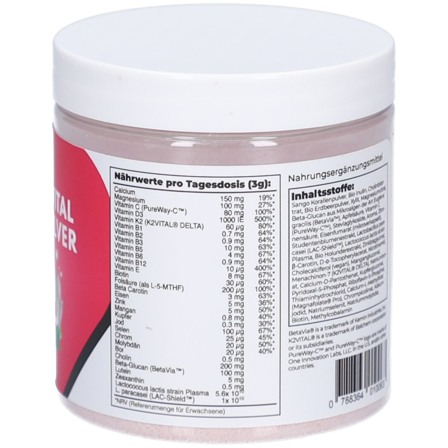 Dose mit weißem Deckel. Rotes Etikett mit Nährwerten und Inhaltsstoffen. Barcode. Inhalt: 100 g, 33 Portionen.