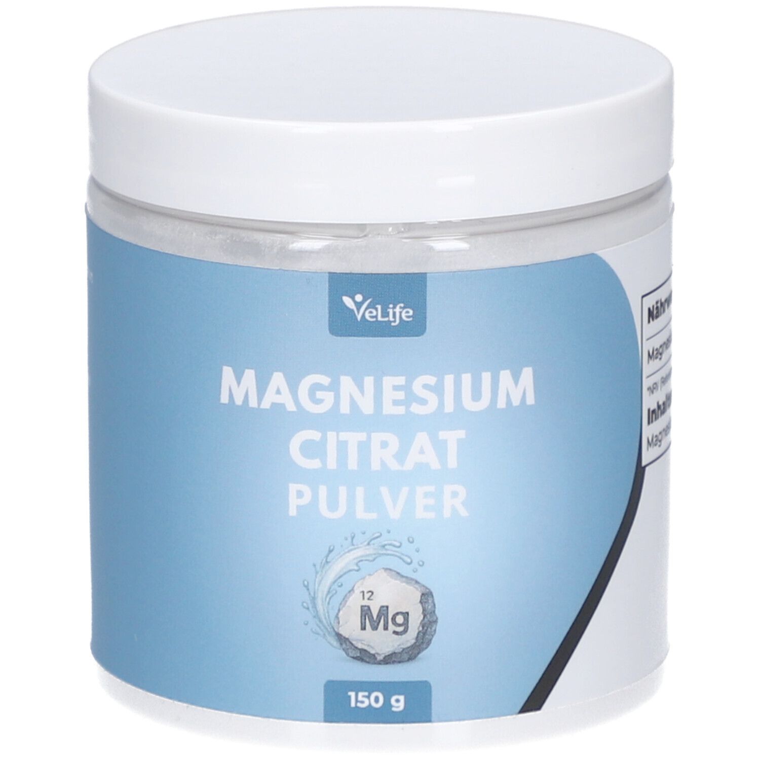 Pot blanc avec étiquette bleue. Inscription: VELIFE Magnesiumcitrat Pulver. 150 g. Logo: atome de Mg.