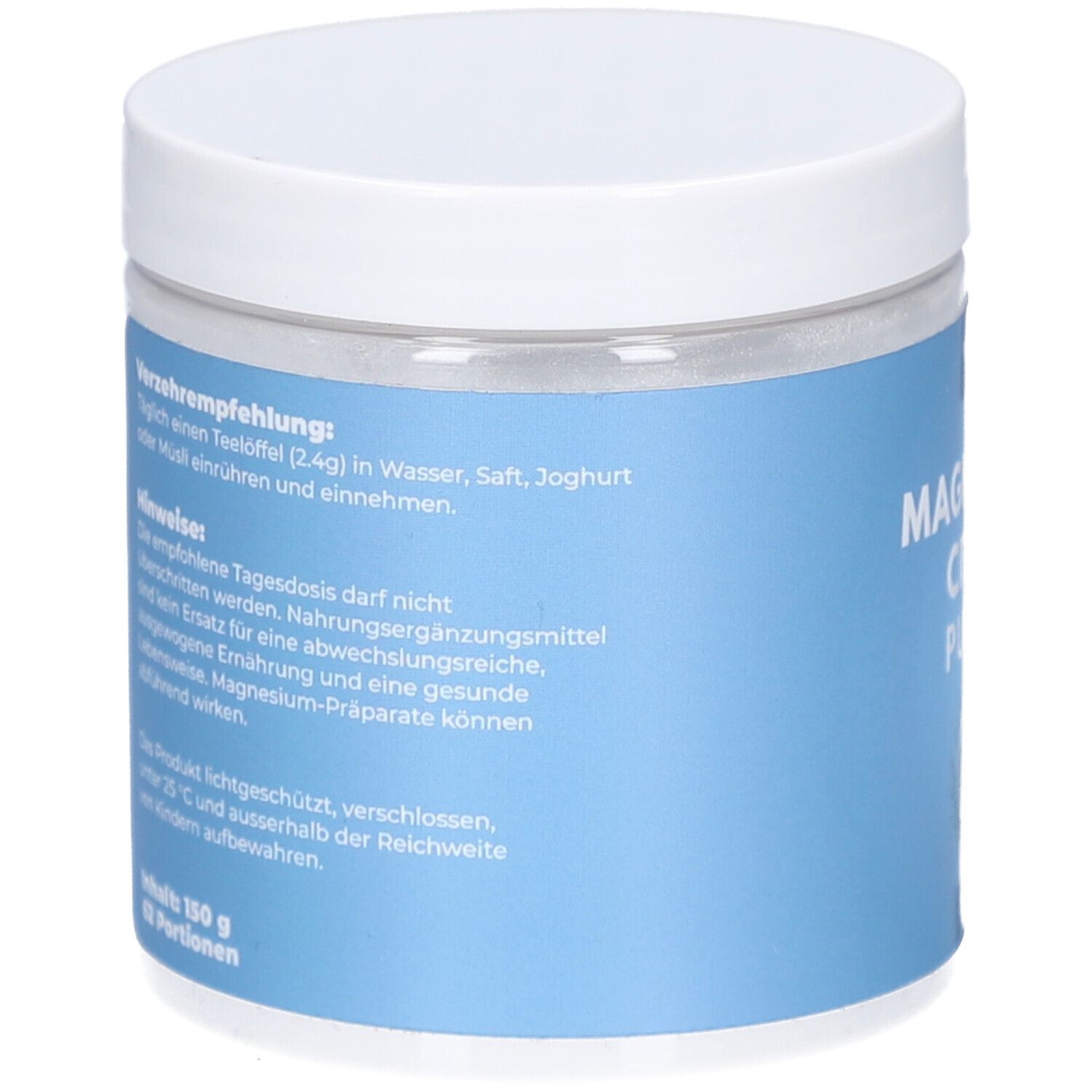 Pot blanc, côté étiquette bleu. Texte: Recommandations, conseils, 150 g, portions. Verso.