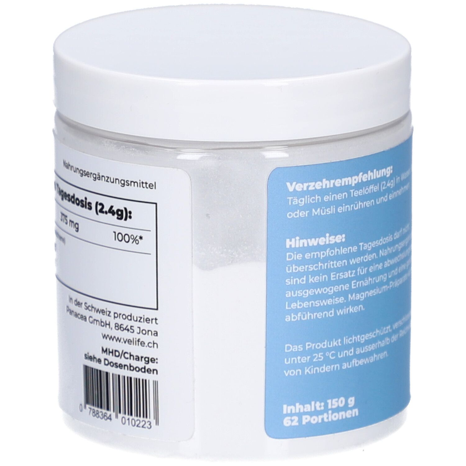 Pot blanc, côté étiquette bleu. Texte: Valeurs nutritionnelles, MHD/lot, 150 g, 62 portions. Verso.