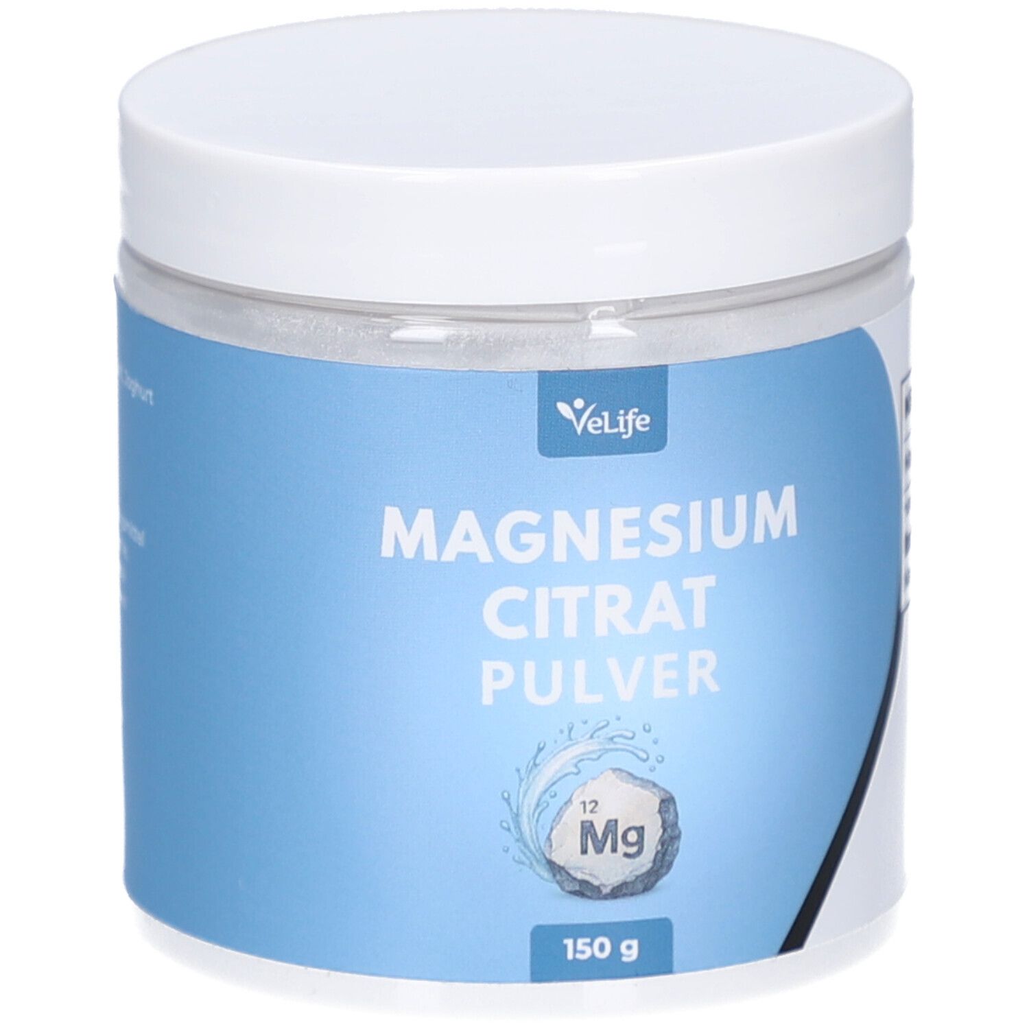 Pot blanc avec étiquette bleue. Inscription: VELIFE Magnesiumcitrat Pulver. 150 g. Logo: atome de Mg.