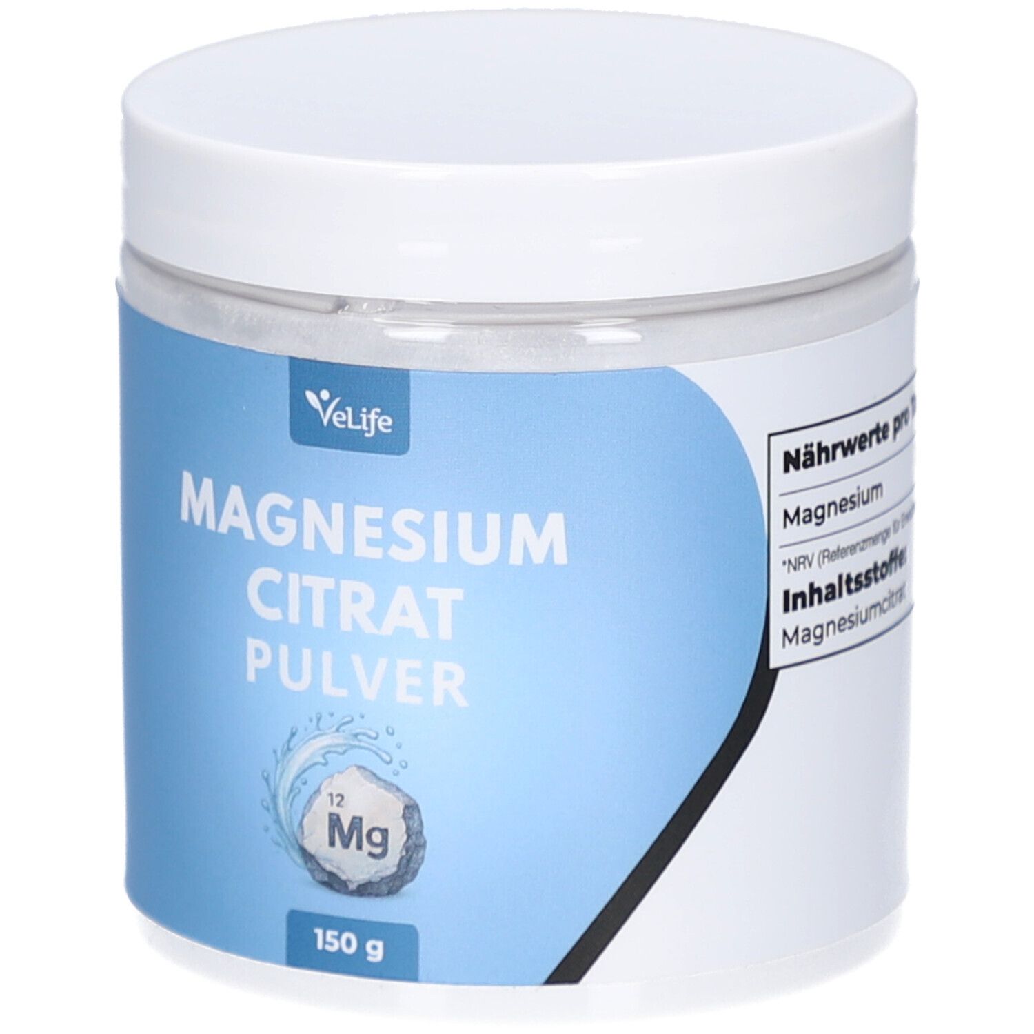 Pot blanc avec étiquette bleue. Inscription: VELIFE Magnesiumcitrat Pulver. 150 g. Logo: atome de Mg.