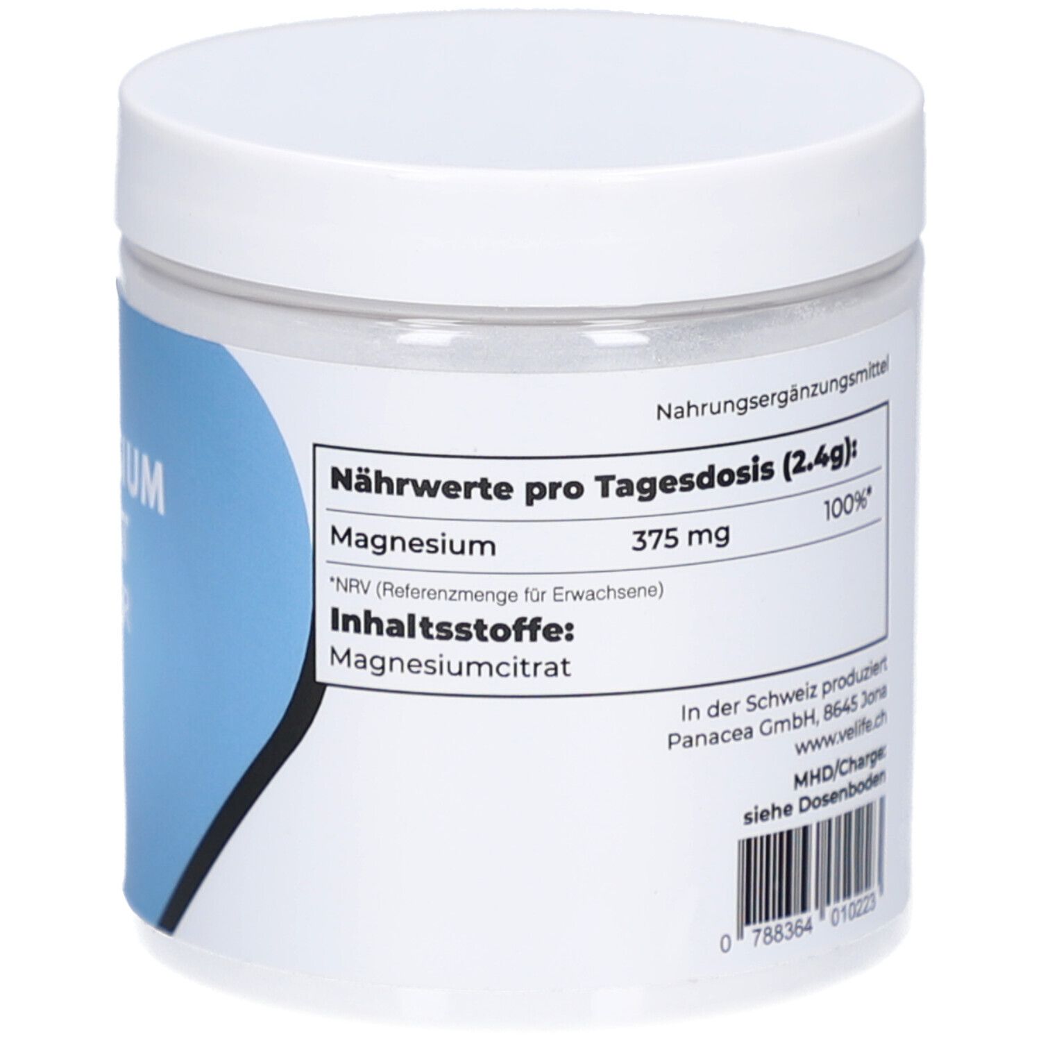 Pot blanc, côté étiquette bleu. Texte: Valeurs nutritionnelles par dose, ingrédients, informations fabricant. Verso.