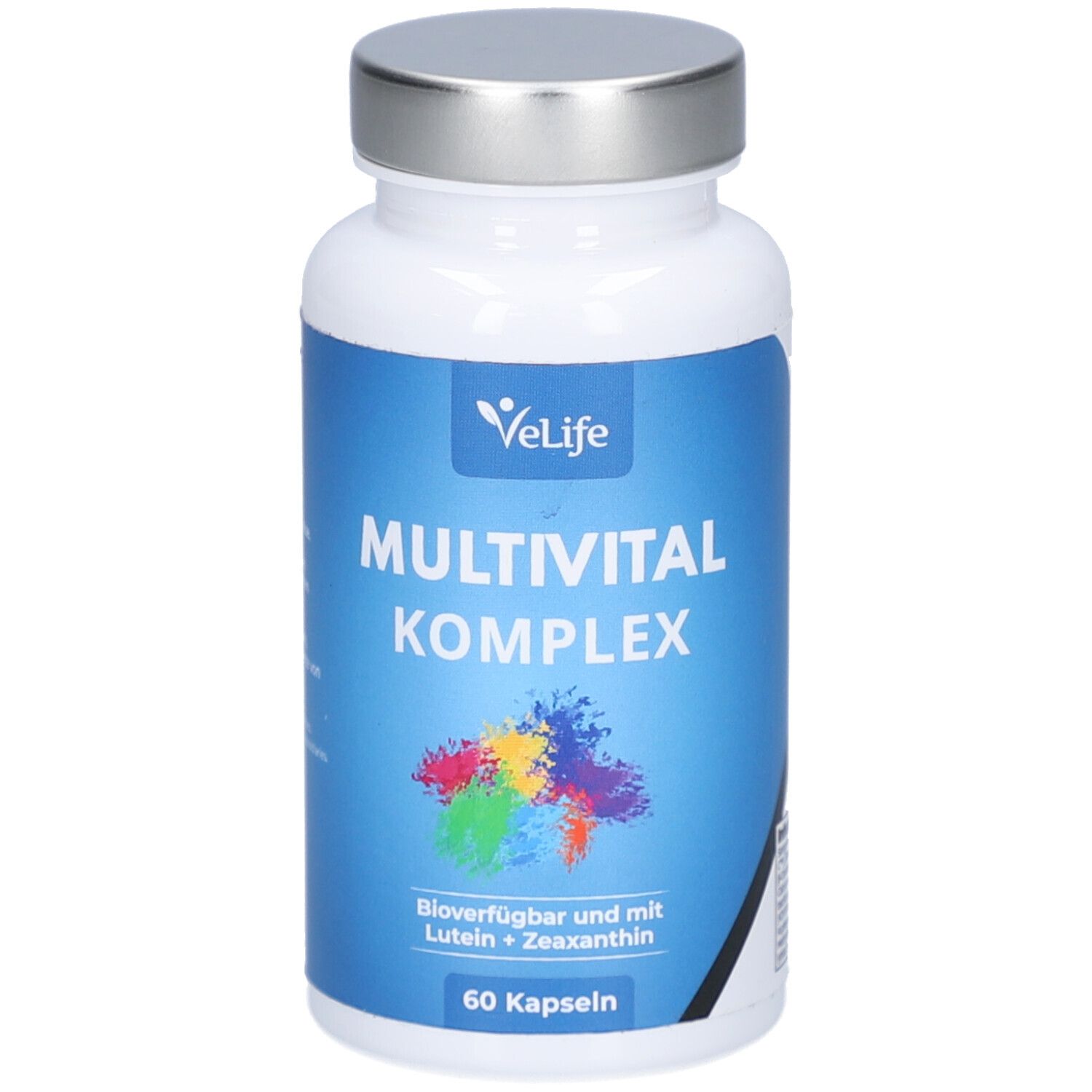 Weiße Flasche mit silbernem Deckel. Blaues Etikett mit Text: Multivital Komplex, VeLife Logo, 60 Kapseln. Farbklecks.