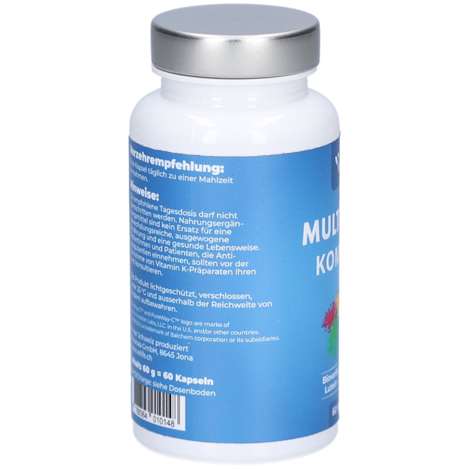 Weiße Flasche mit silbernem Deckel. Blaues Etikett mit Text. Rückseite mit Text und Barcode. 60 g = 60 Kapseln.