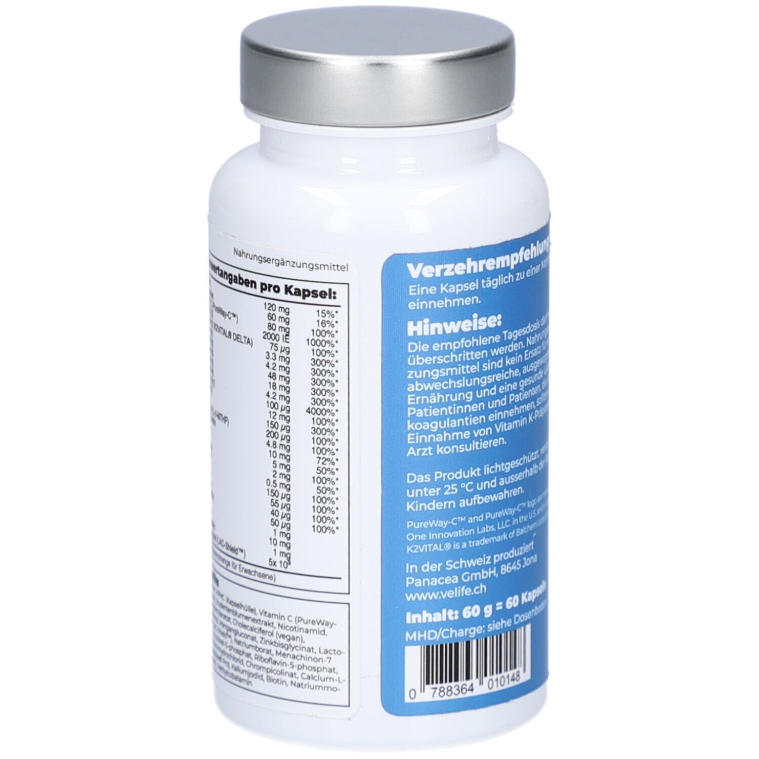 Weiße Flasche mit silbernem Deckel. Etikett mit Nährwertangaben pro Kapsel. Text und Barcode. 60 g = 60 Kapseln.