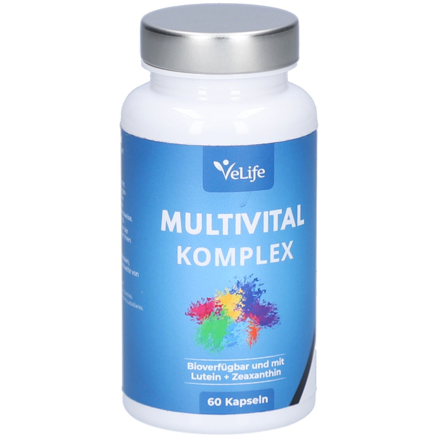 Weiße Flasche mit silbernem Deckel. Blaues Etikett mit Text: Multivital Komplex, VeLife Logo, 60 Kapseln. Farbklecks.