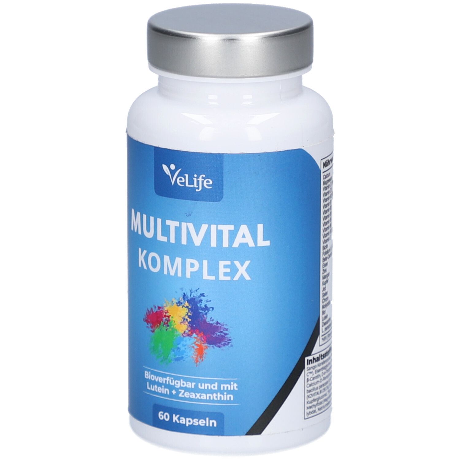 Weiße Flasche mit silbernem Deckel. Blaues Etikett mit Text: Multivital Komplex, VeLife Logo, 60 Kapseln. Farbklecks.