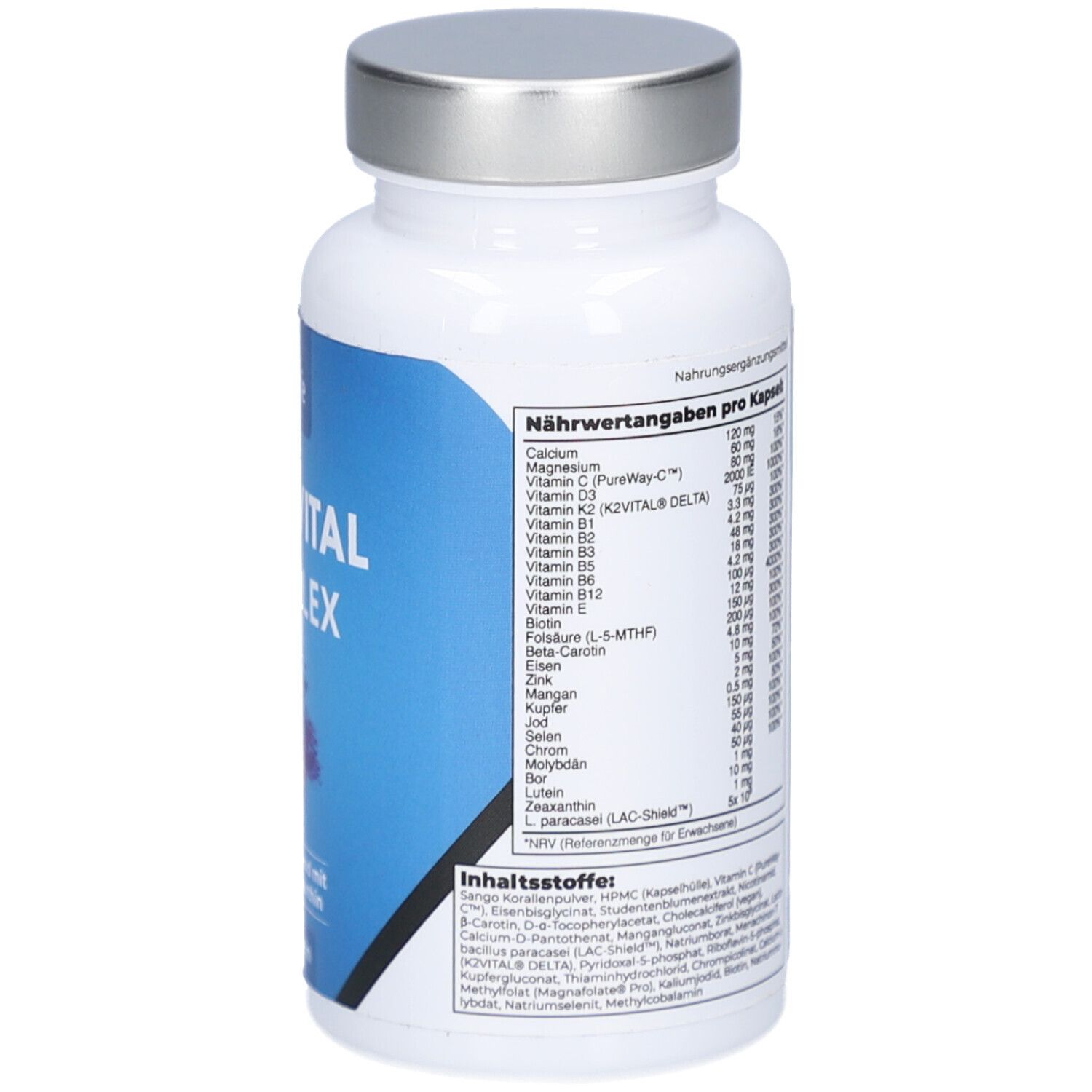 Weiße Flasche mit silbernem Deckel. Etikett mit Nährwertangaben pro Kapsel. Text und Inhaltsstoffe. 60 g = 60 Kapseln.