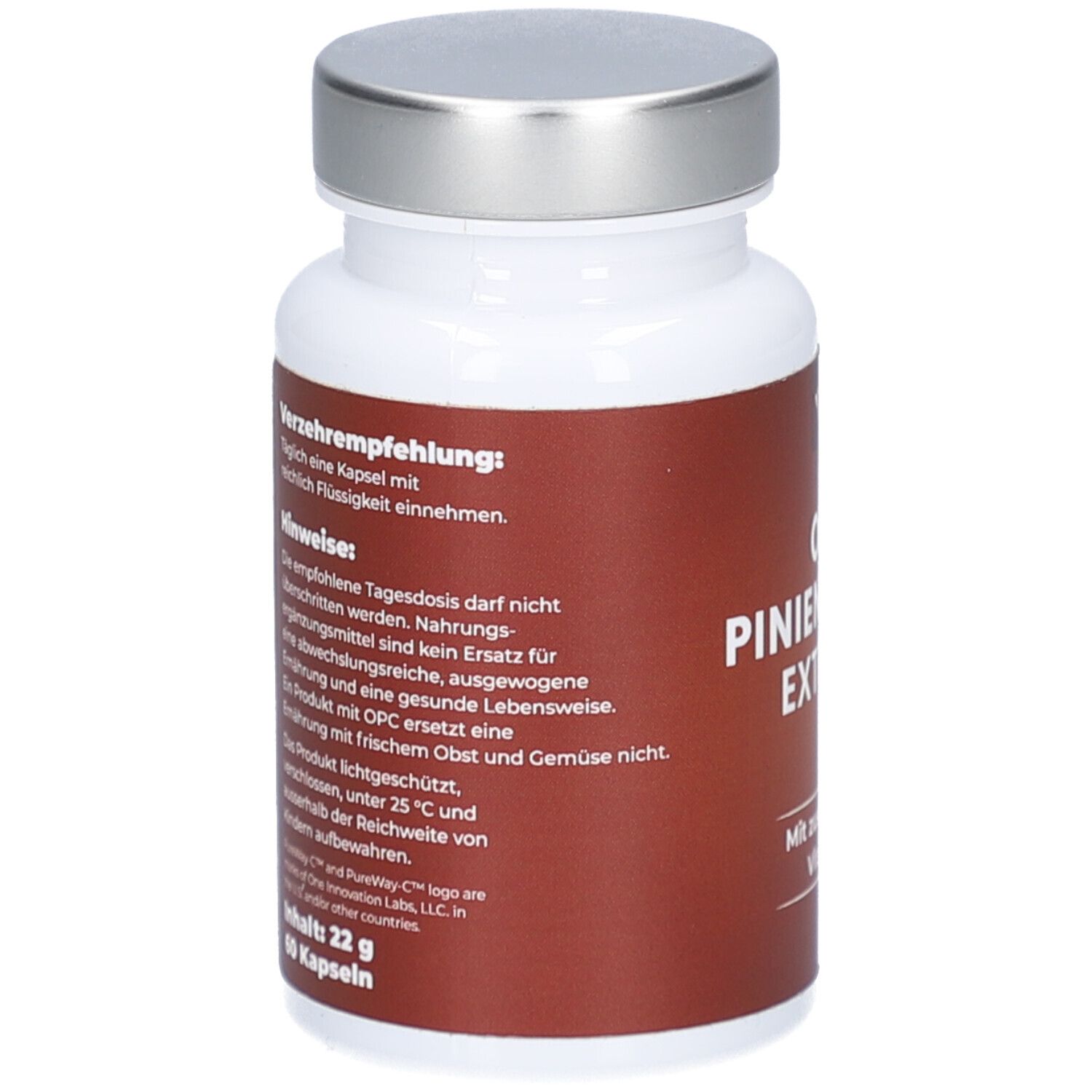 Flacon blanc avec étiquette marron. Texte: Recommandations, conseils, 60 gélules, 22 g. Bouchon argenté.