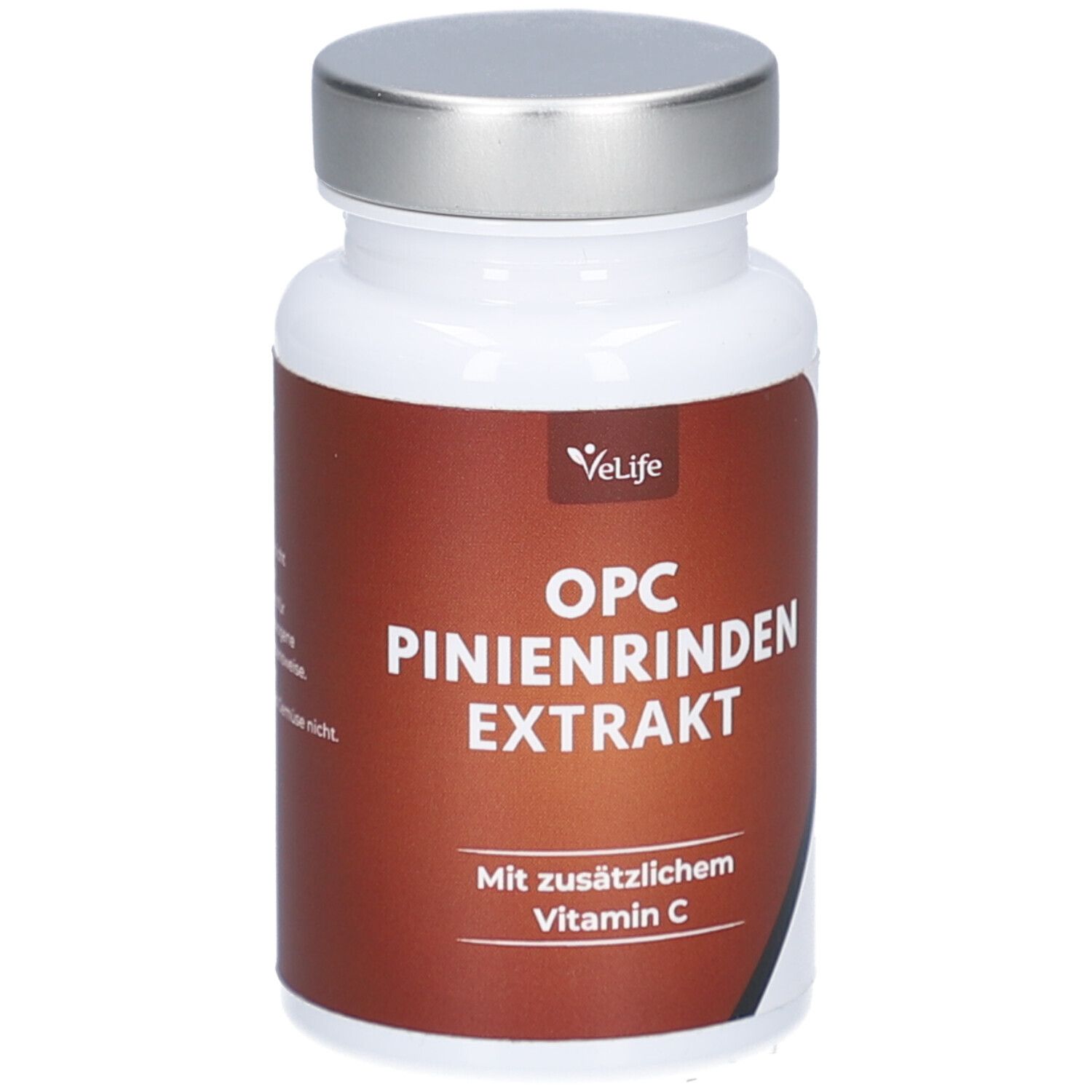 Flacon blanc à bouchon argenté. Inscription: OPC Pinienrinden Extrakt, Vitamine C. Marque: VeLife.