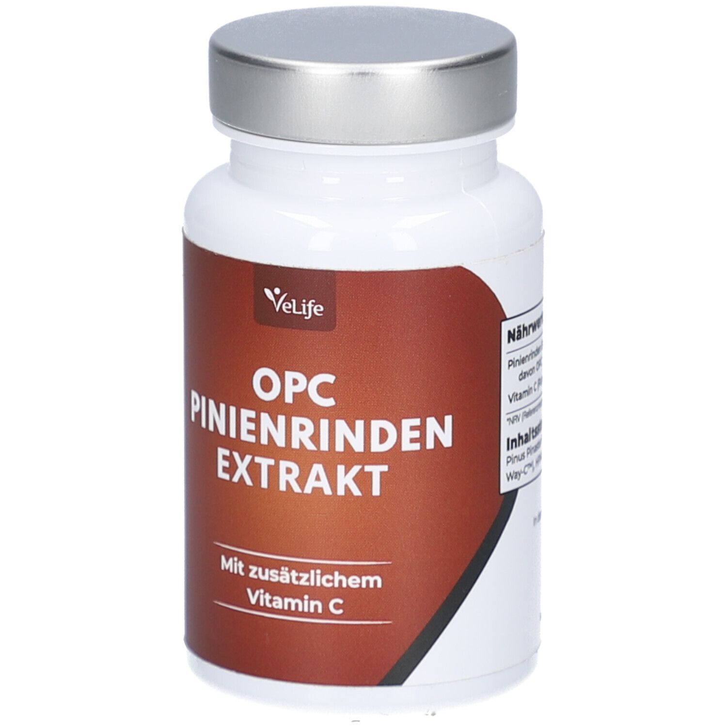 Flacon blanc à bouchon argenté. Inscription: OPC Pinienrinden Extrakt, Vitamine C. Marque: VeLife.