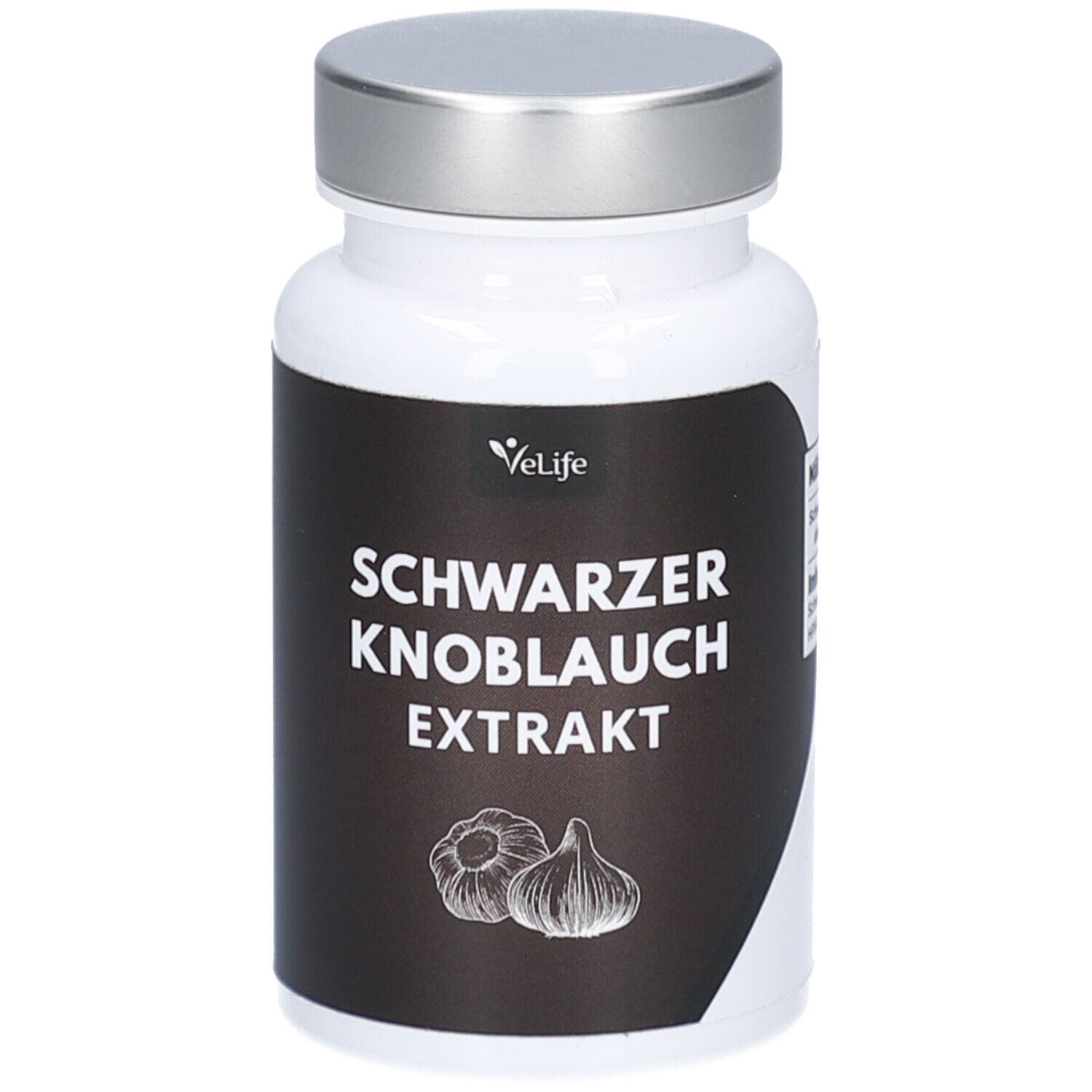 Flacon blanc à bouchon argenté. Étiquette noire avec texte: Schwarzer Knoblauch Extrakt. Illustration d'ail.