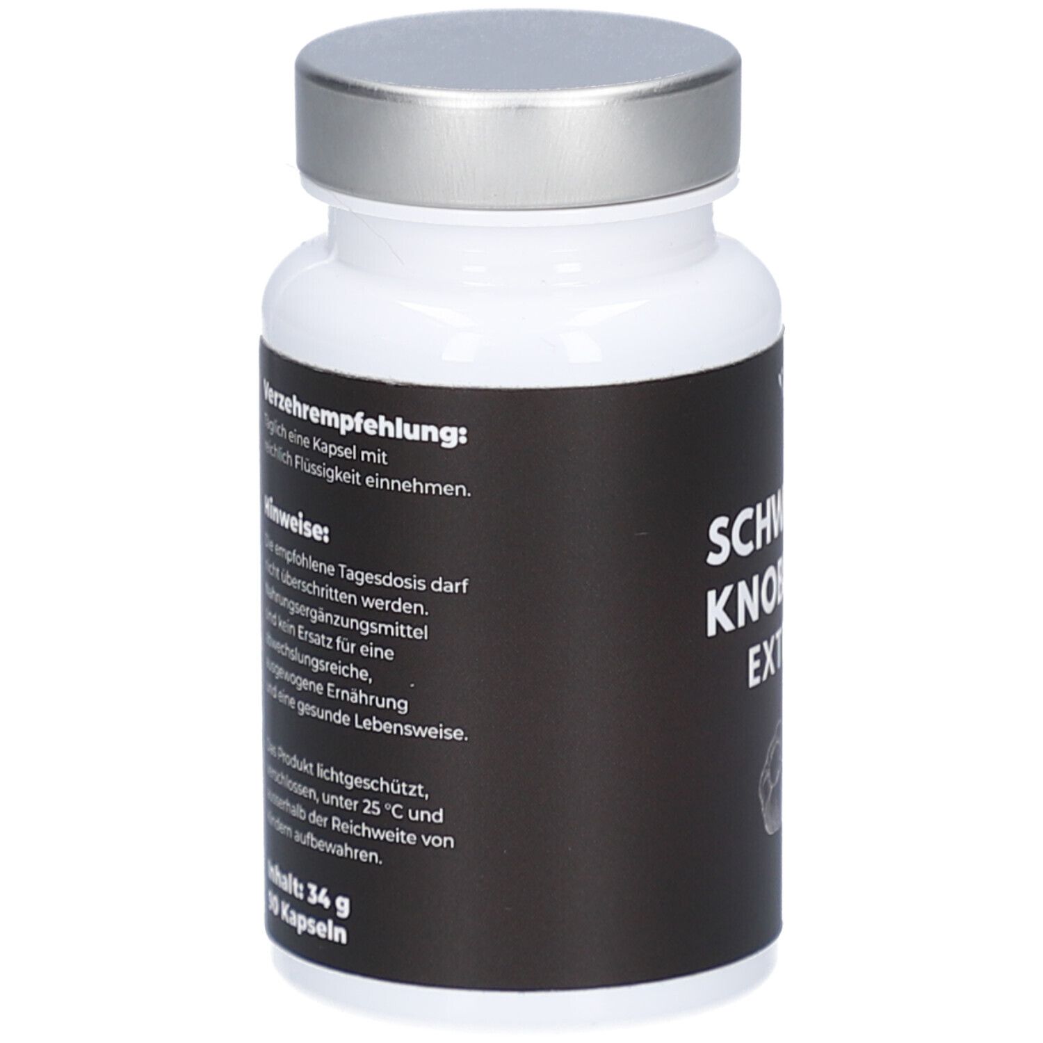 Flacon blanc à bouchon argenté. Étiquette noire avec texte. Contient 90 gélules. Informations sur l'utilisation et les avertissements.