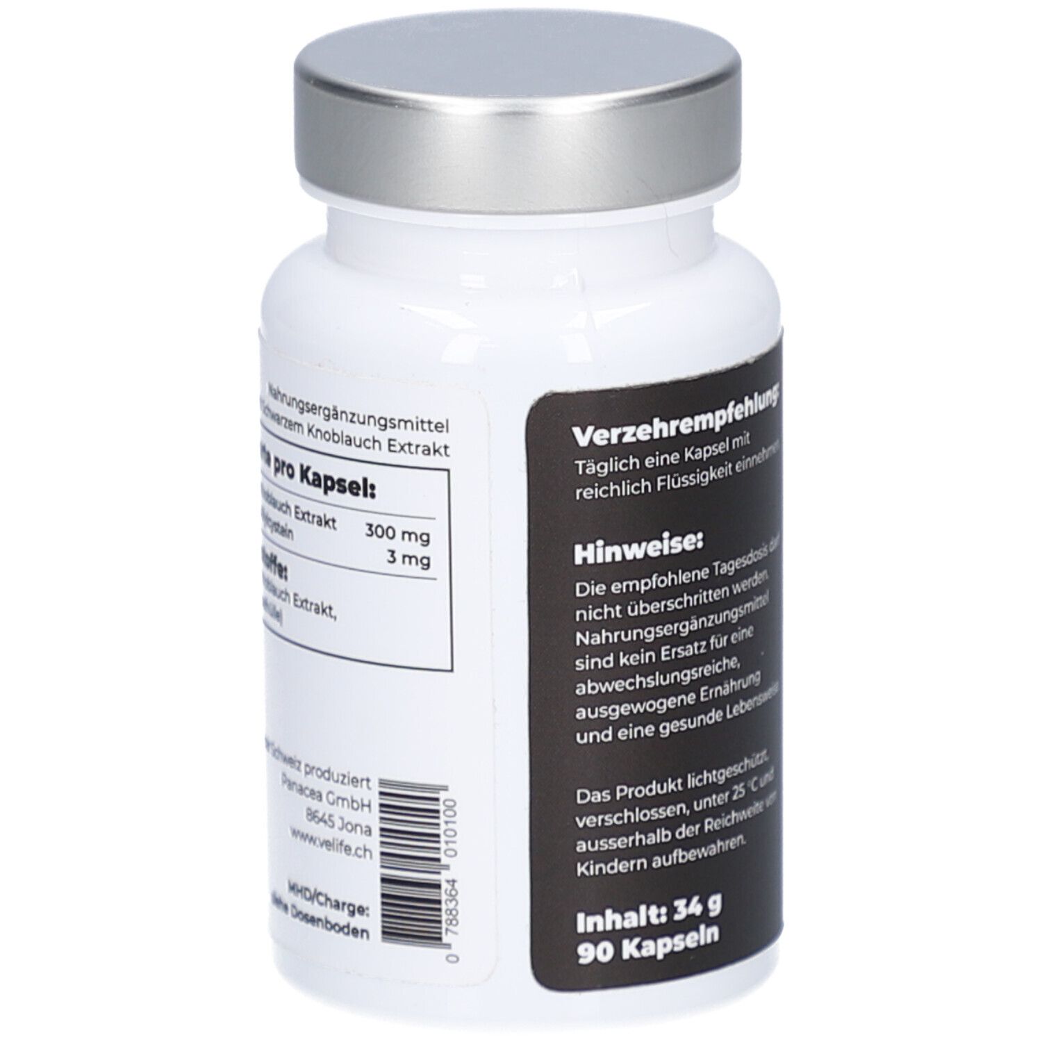 Flacon blanc à bouchon argenté. Étiquette avec informations nutritionnelles par gélule. Contient 90 gélules. Fabriqué en Suisse.