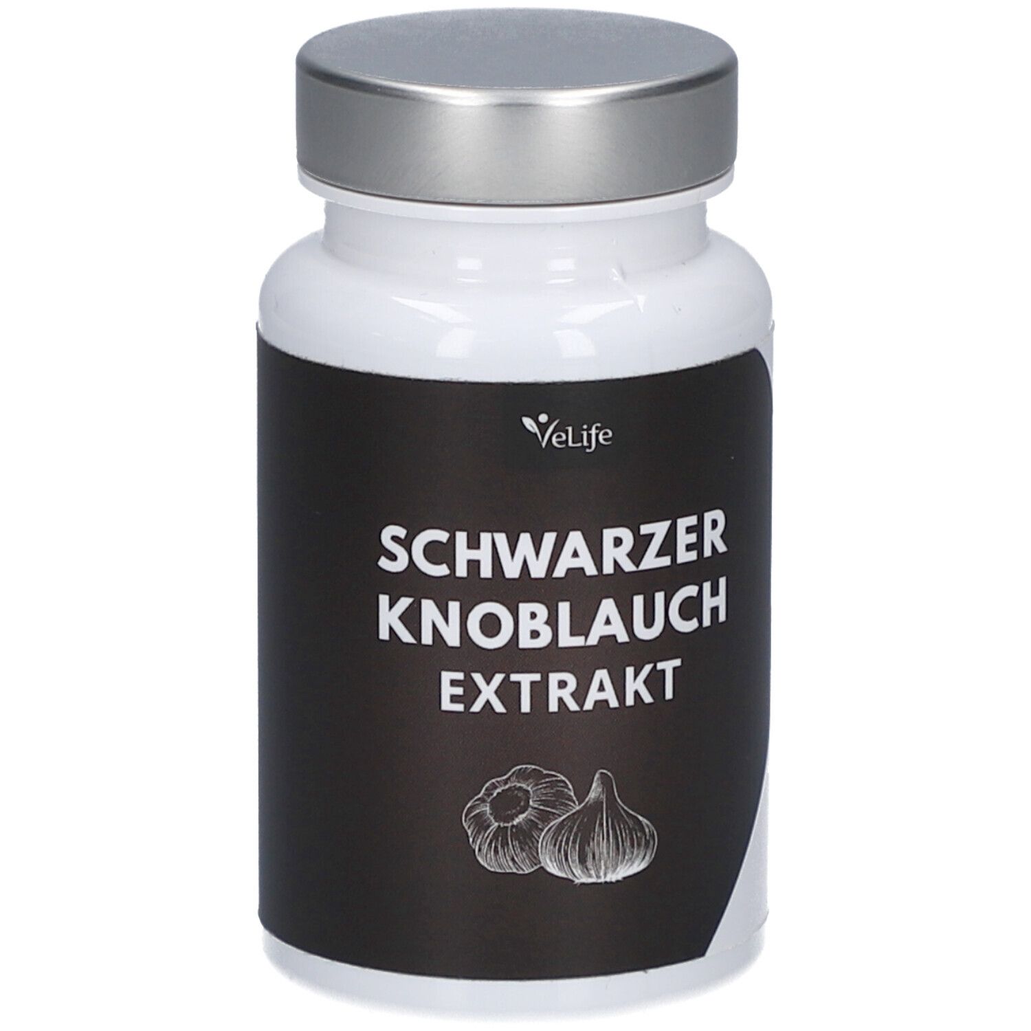 Flacon blanc à bouchon argenté. Étiquette noire avec texte: Schwarzer Knoblauch Extrakt. Illustration d'ail.