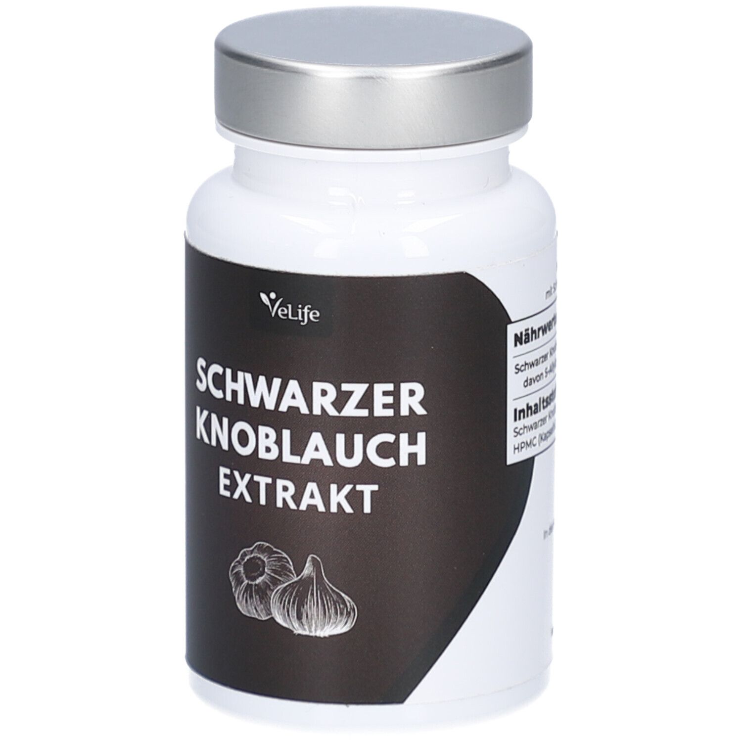 Flacon blanc à bouchon argenté. Étiquette noire avec texte: Schwarzer Knoblauch Extrakt. Illustration d'ail.