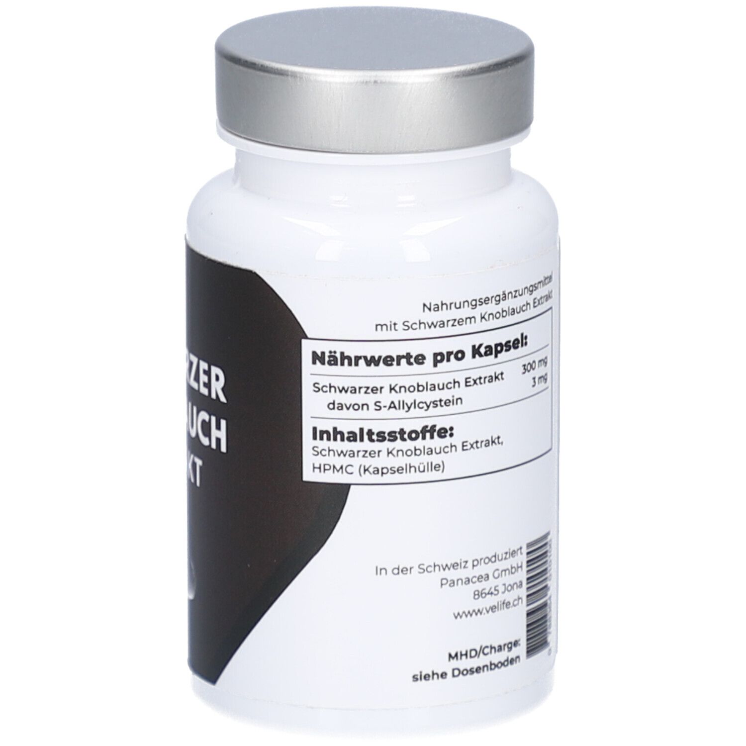 Flacon blanc à bouchon argenté. Étiquette avec informations nutritionnelles par gélule. Contient 90 gélules. Fabriqué en Suisse.