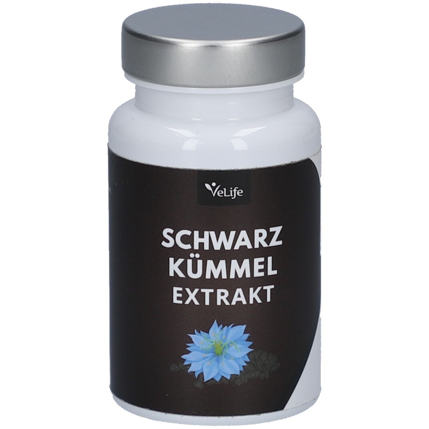 Flacon blanc avec couvercle argenté. Étiquette noire avec texte: SCHWARZ KÜMMEL EXTRAKT. Logo: VeLife. Fleur bleue.