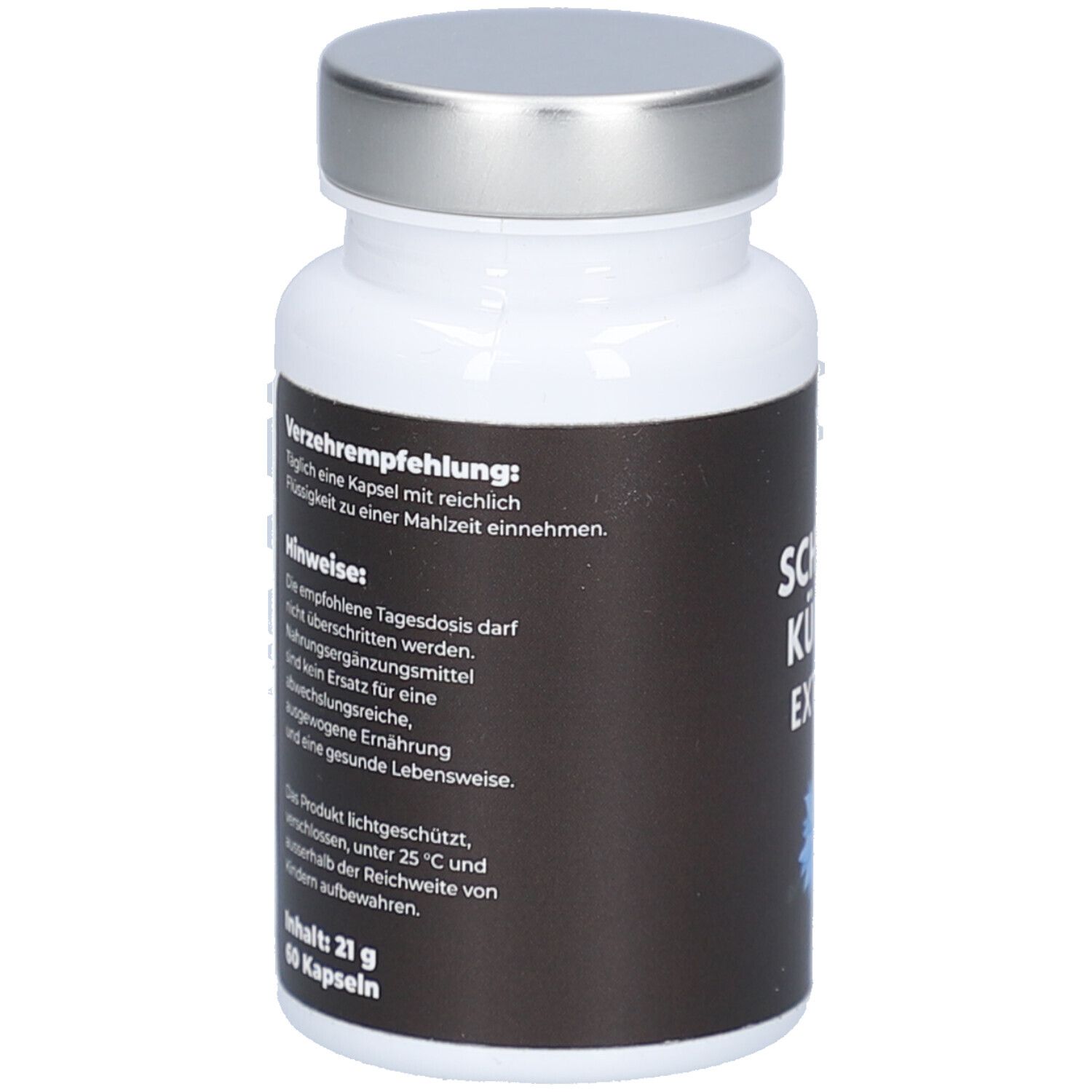 Flacon blanc avec couvercle argenté. Étiquette noire avec texte. Contient 60 gélules. Texte: Recommandations, conseils. Poids: 21g.