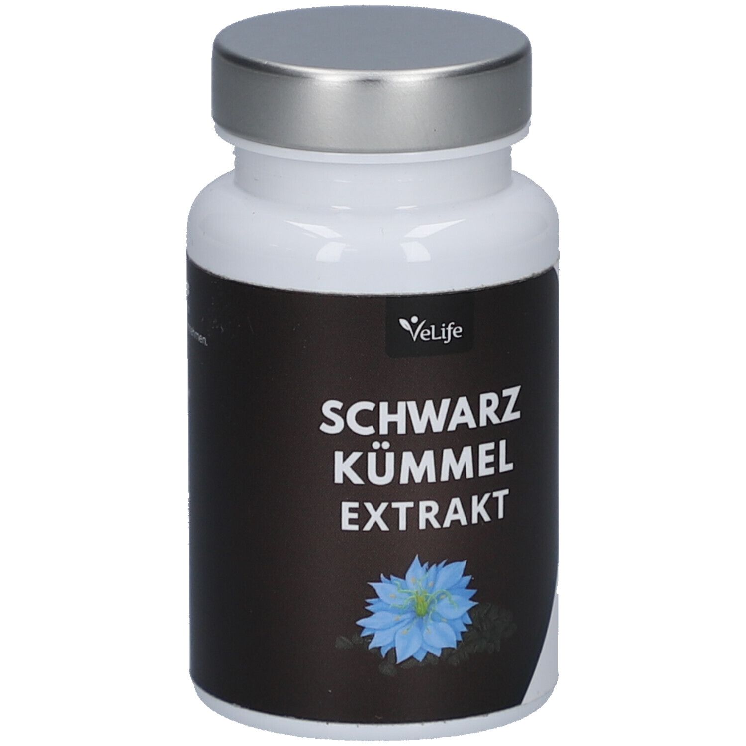 Flacon blanc avec couvercle argenté. Étiquette noire avec texte: SCHWARZ KÜMMEL EXTRAKT. Logo: VeLife. Fleur bleue.