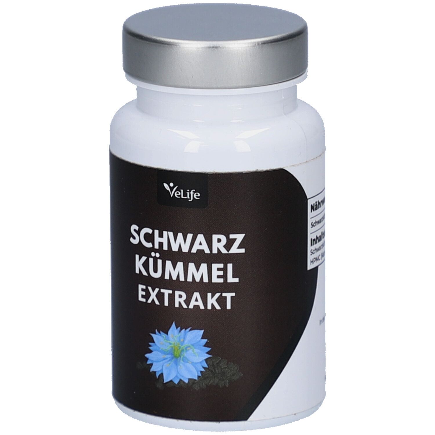 Flacon blanc avec couvercle argenté. Étiquette noire avec texte: SCHWARZ KÜMMEL EXTRAKT. Logo: VeLife. Fleur bleue.