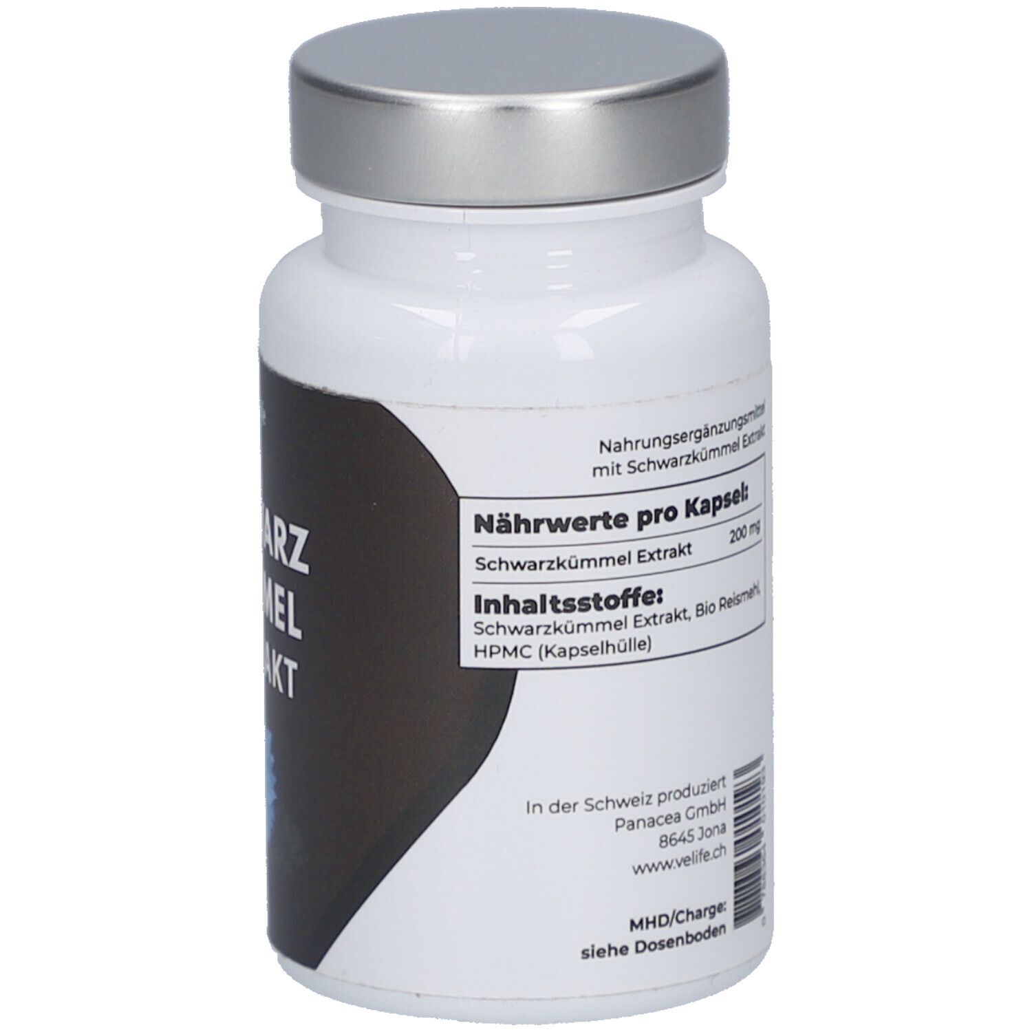 Flacon blanc avec couvercle argenté. Étiquette noire avec texte. Texte: Valeurs nutritionnelles par gélule, ingrédients. Fabriqué en Suisse.