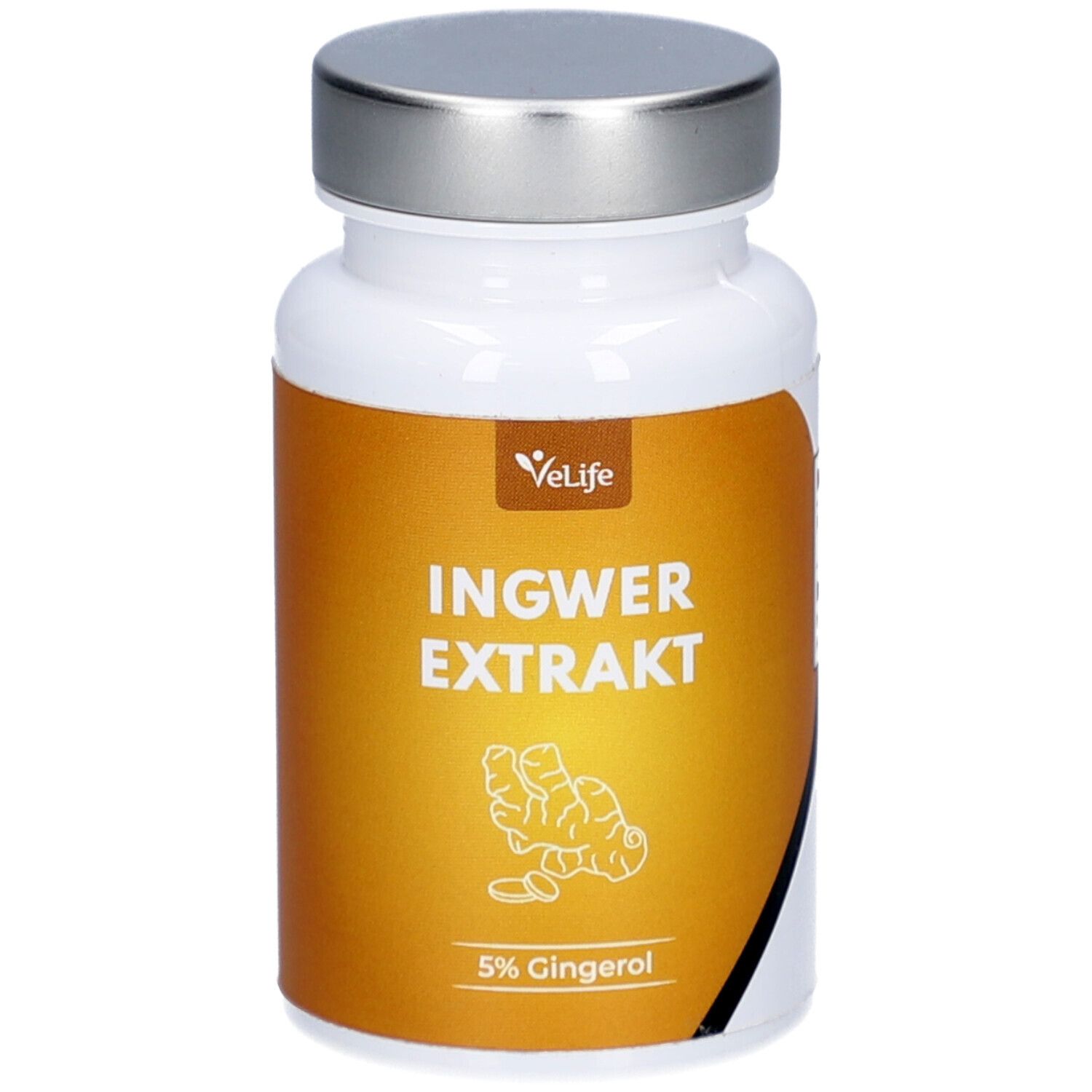 Weiße Flasche mit silbernem Deckel. Aufschrift: INGWER EXTRAKT, 5% Gingerol. Logo: VeLife.