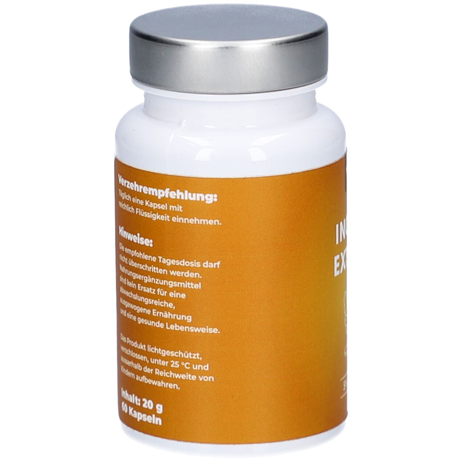 Weiße Flasche mit silbernem Deckel. Text auf Deutsch. Enthält 60 Kapseln. Inhalt: 20 g.