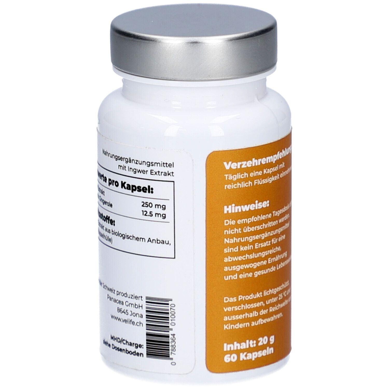 Weiße Flasche mit silbernem Deckel. Text auf Deutsch. Enthält 60 Kapseln. Inhalt: 20 g.