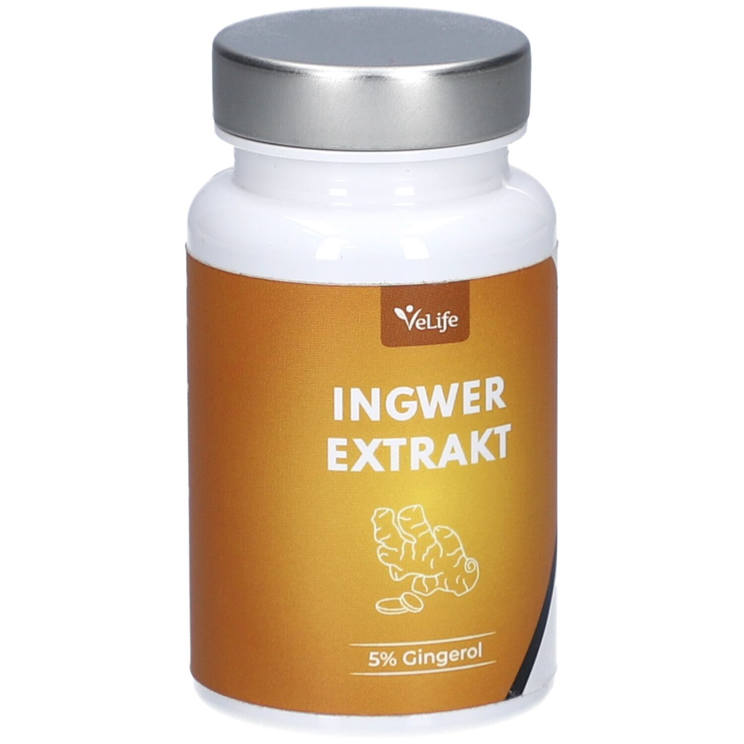 Weiße Flasche mit silbernem Deckel. Aufschrift: INGWER EXTRAKT, 5% Gingerol. Logo: VeLife.