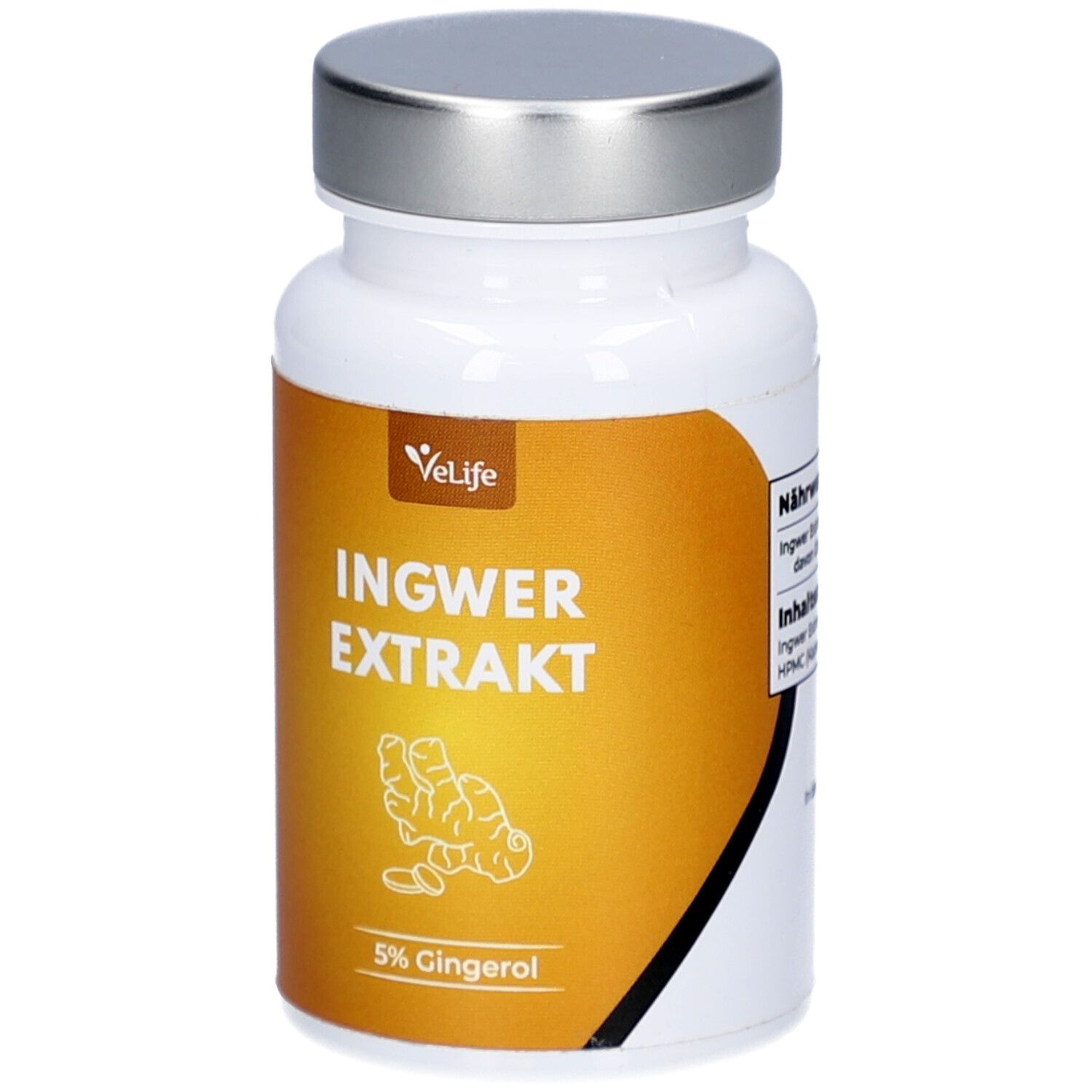 Weiße Flasche mit silbernem Deckel. Aufschrift: INGWER EXTRAKT, 5% Gingerol. Logo: VeLife.