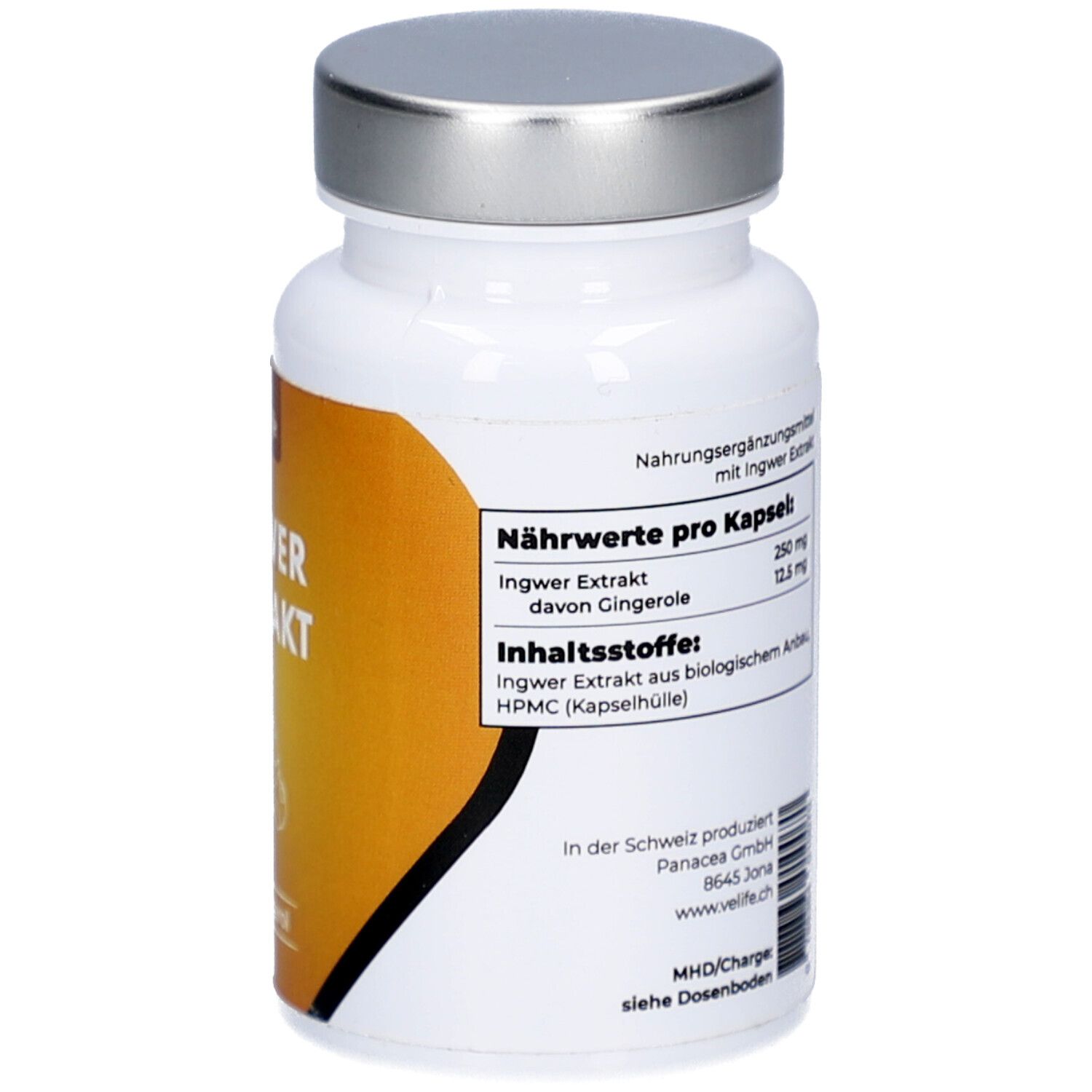 Weiße Flasche mit silbernem Deckel. Text auf Deutsch. Nährwerte pro Kapsel. Inhalt: 60 Kapseln.