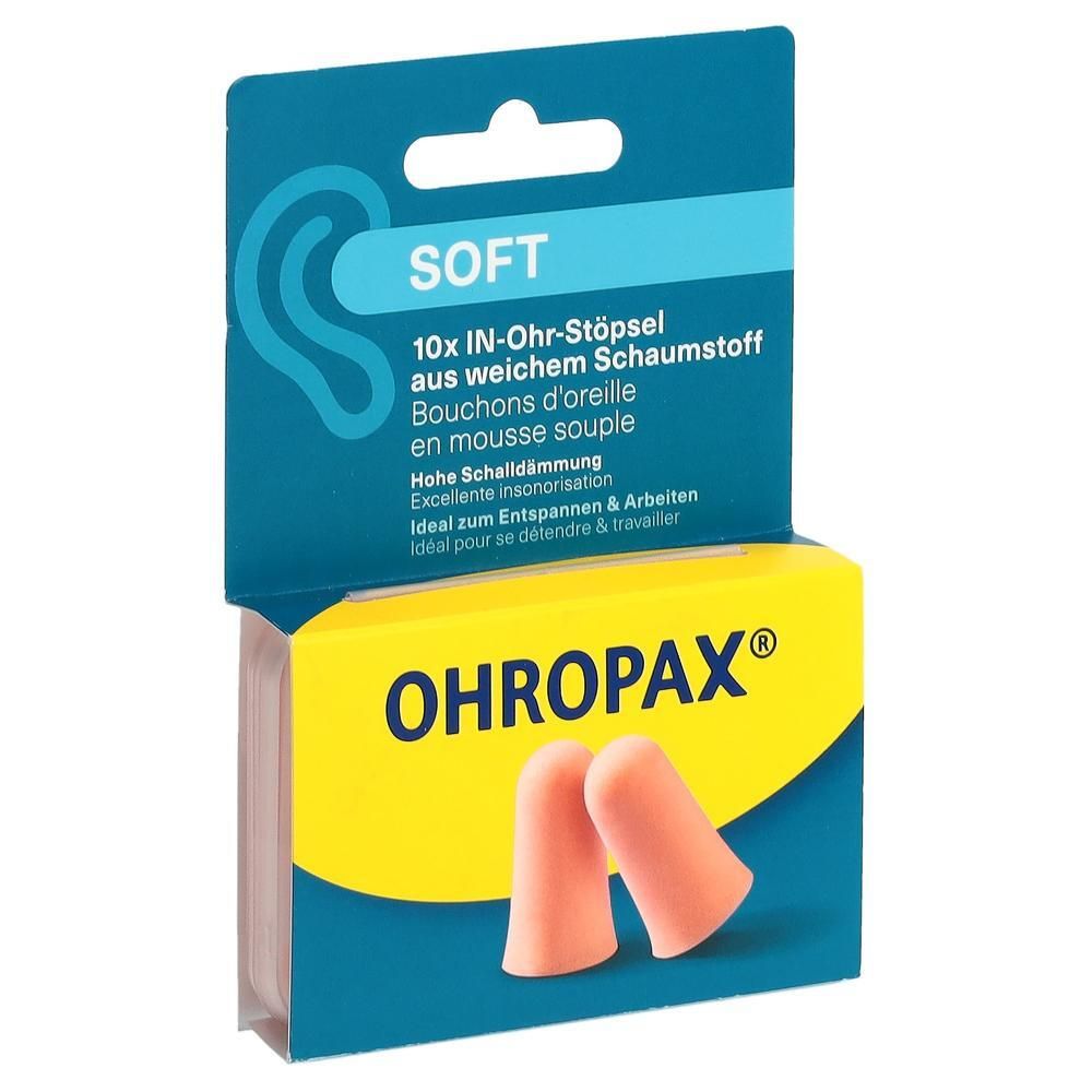 Verpackung OHROPAX® Ohrstöpsel. Zwei rosafarbene Ohrstöpsel liegen vor der Verpackung. Aufdruck: OHROPAX®, 10x IN-Ohr-Stöpsel, weicher Schaumstoff.