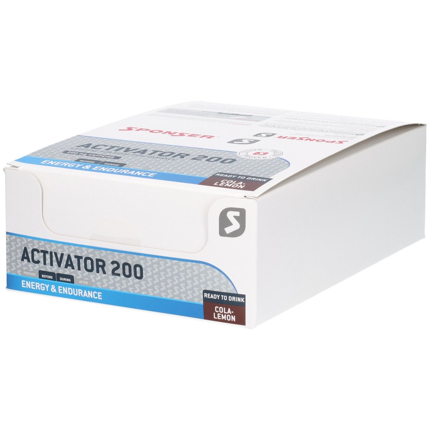 Weißer Karton mit Aufdruck. Aufschrift: ACTIVATOR 200, ENERGY & ENDURANCE, COLA-LEMON. Marke SPONSER.