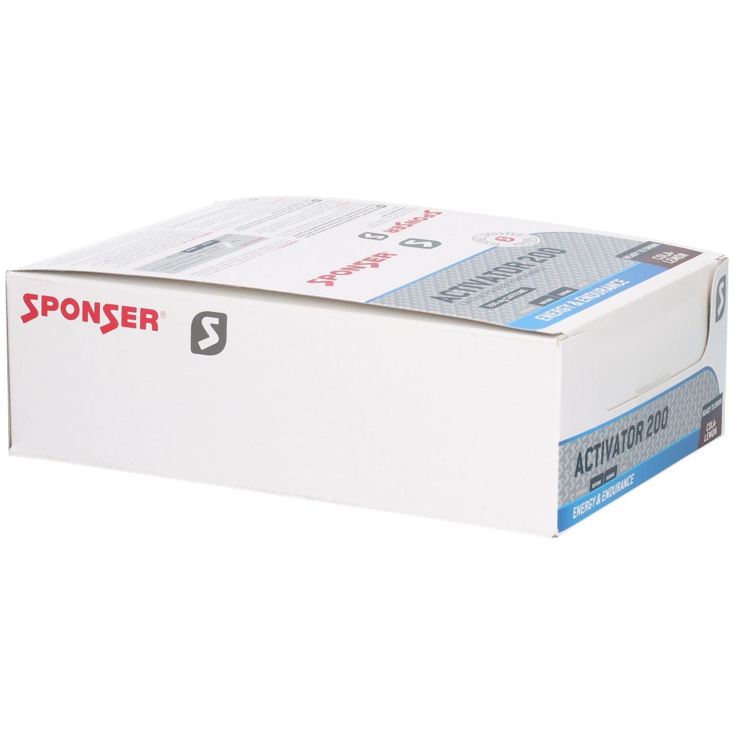 Weißer Karton mit Aufdruck. Aufschrift: SPONSER, ACTIVATOR 200. Logo. Blaue und rote Akzente.